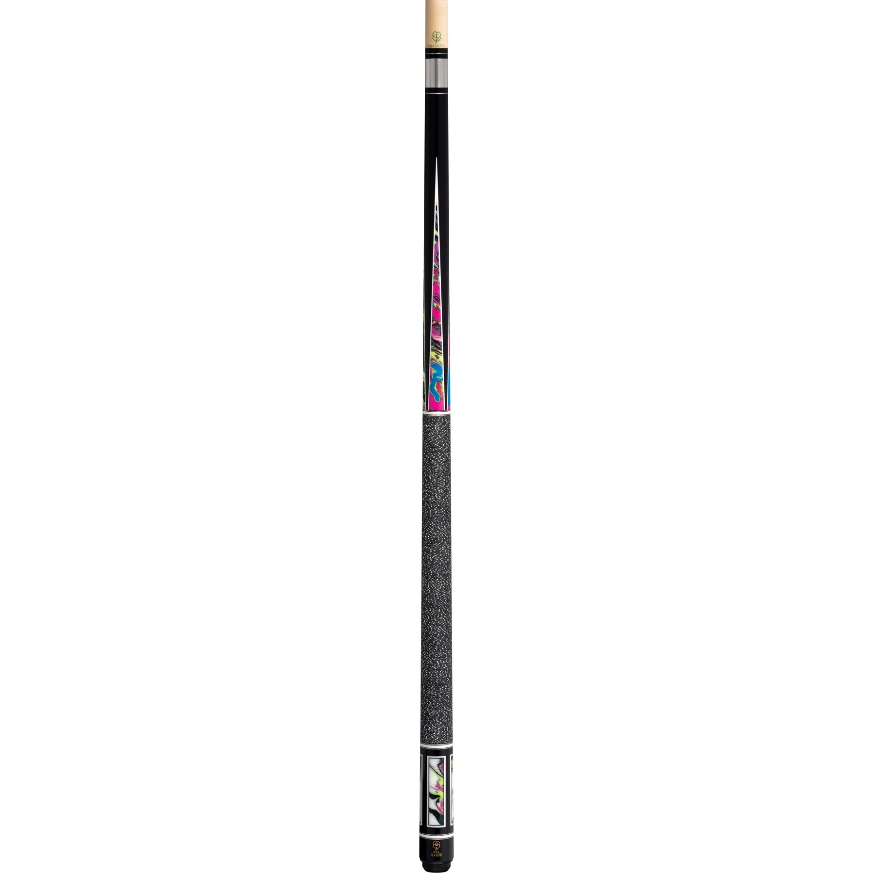 Full view of the pool cue with black Irish linen wrap.
