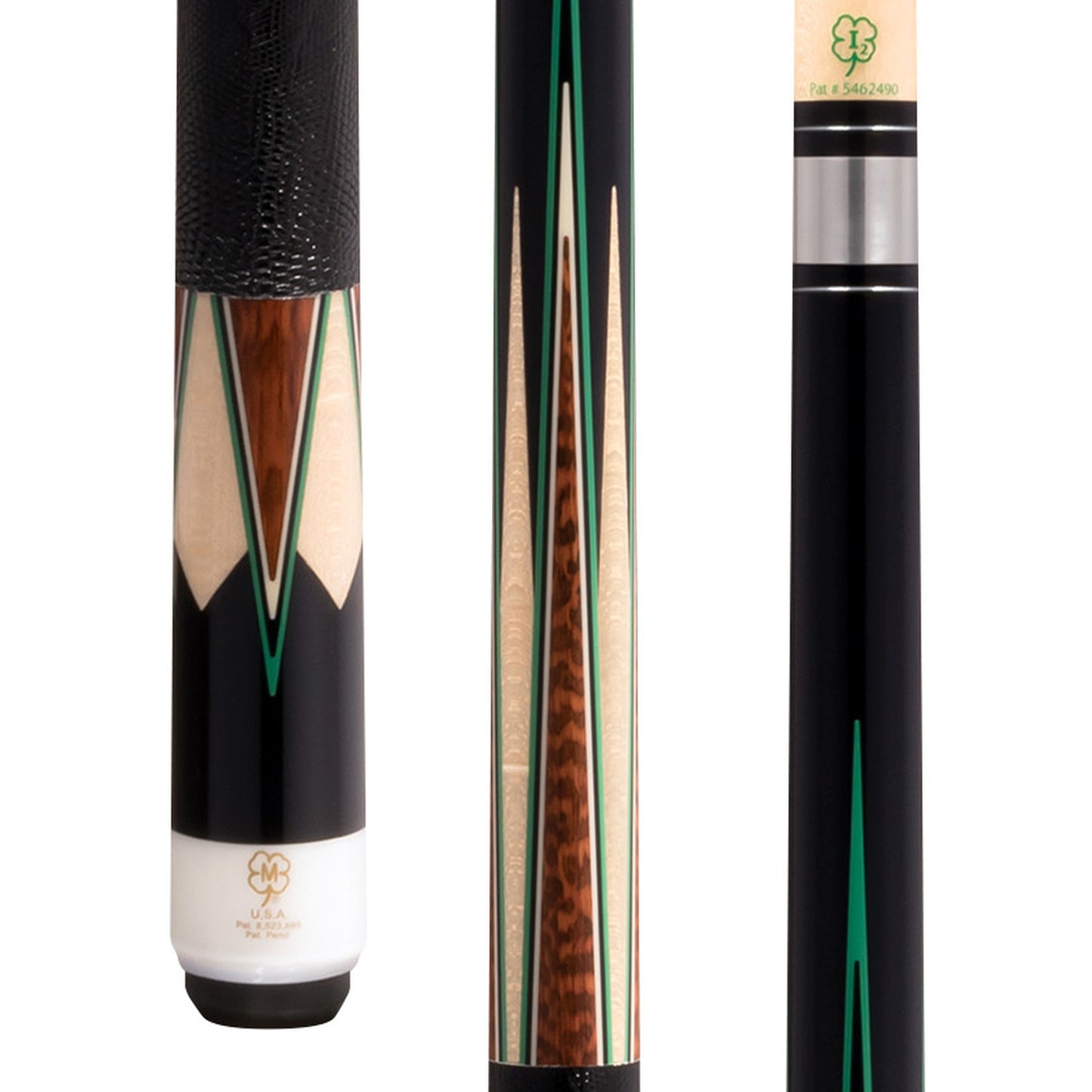 McDermott H1752 pool cue with snakewood and maple points, lizard leather wrap.