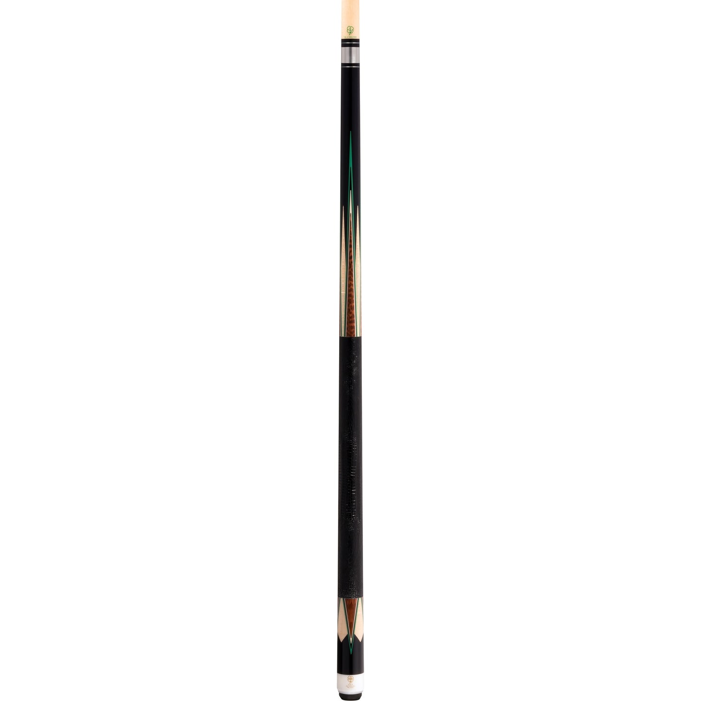 Full view of pool cue featuring a black lizard leather wrap and inlaid green