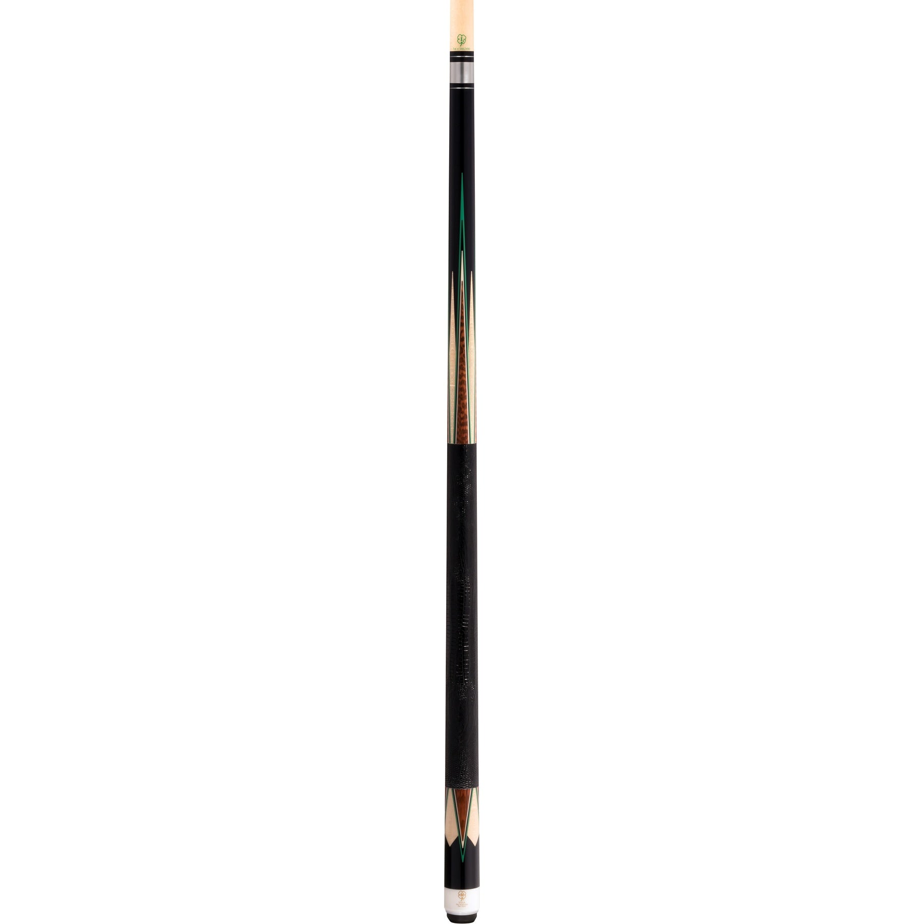 Full view of pool cue featuring a black lizard leather wrap and inlaid green