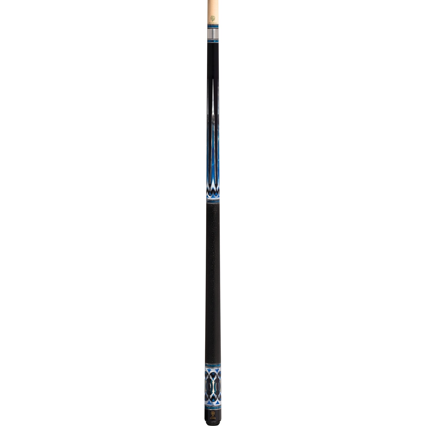 Full view of the pool cue showing intricate blue and black graphic design.