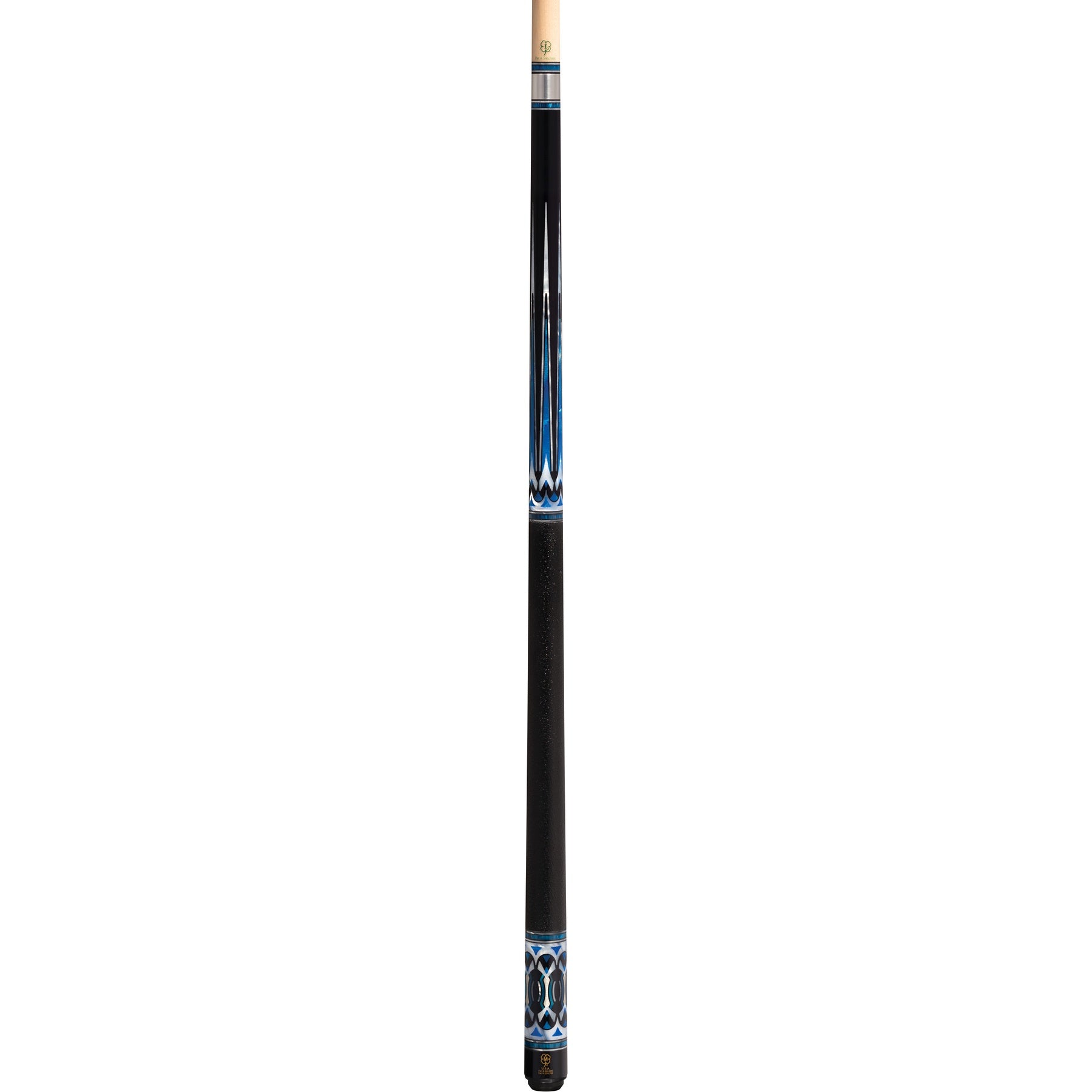 Full view of the pool cue showing intricate blue and black graphic design.