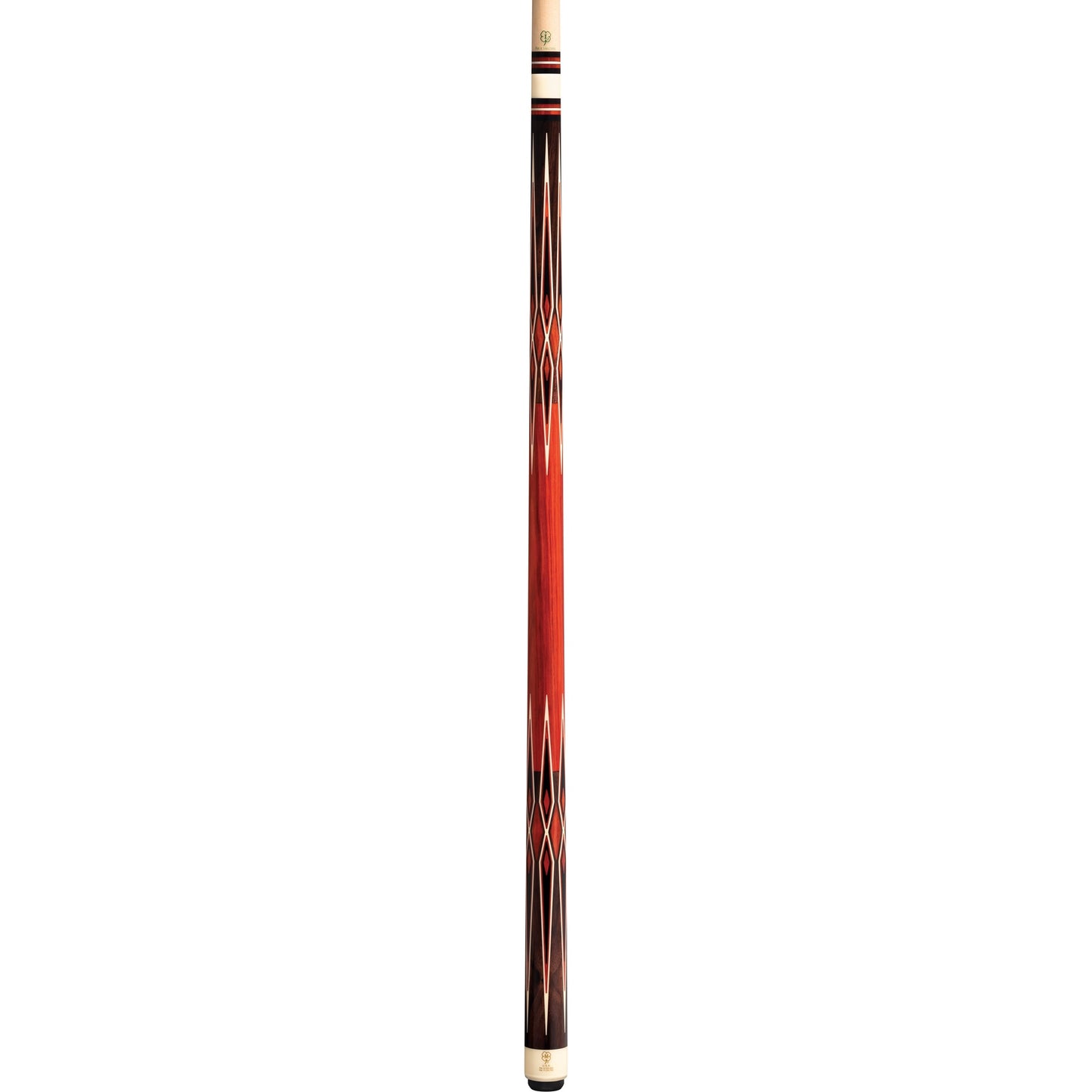 Full view of a pool cue with red and dark wood designs.
