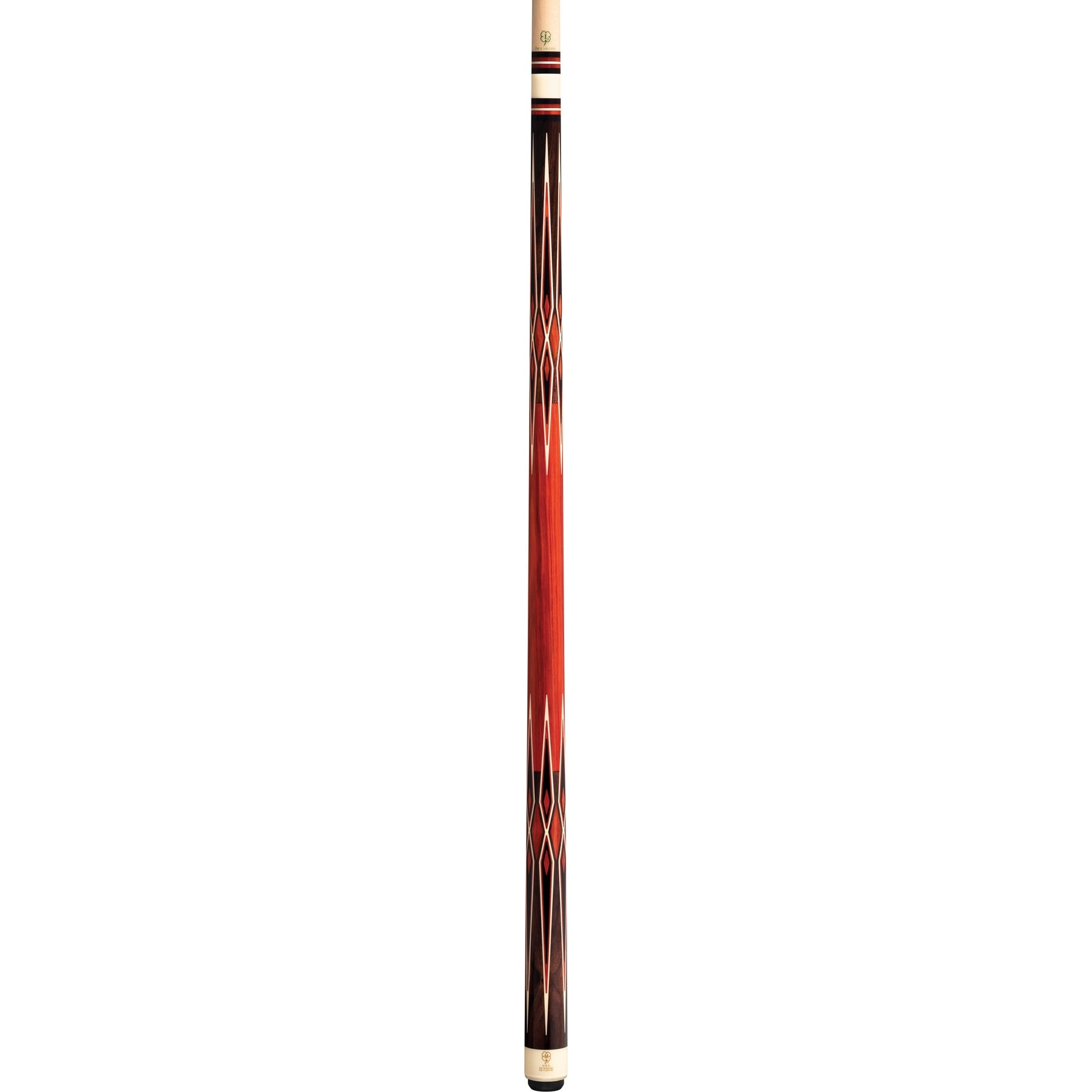 Full view of a pool cue with red and dark wood designs.