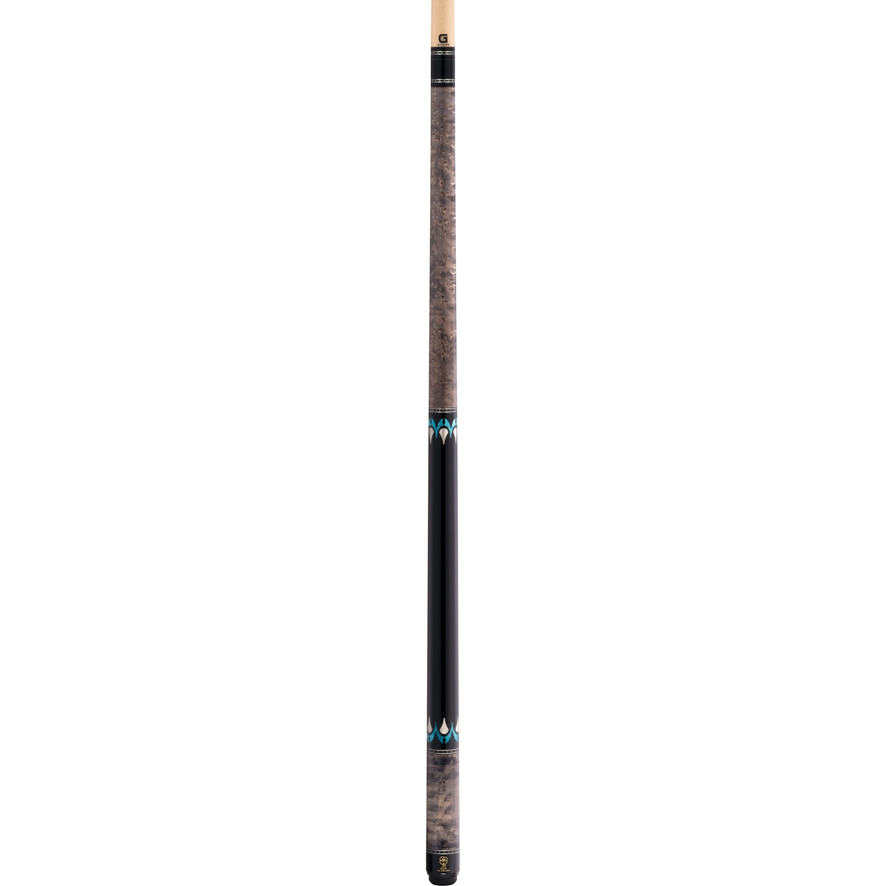McDermott H650 pool cue full view: grey stained birdseye maple forearm and sleeve, black urethane no-wrap handle.