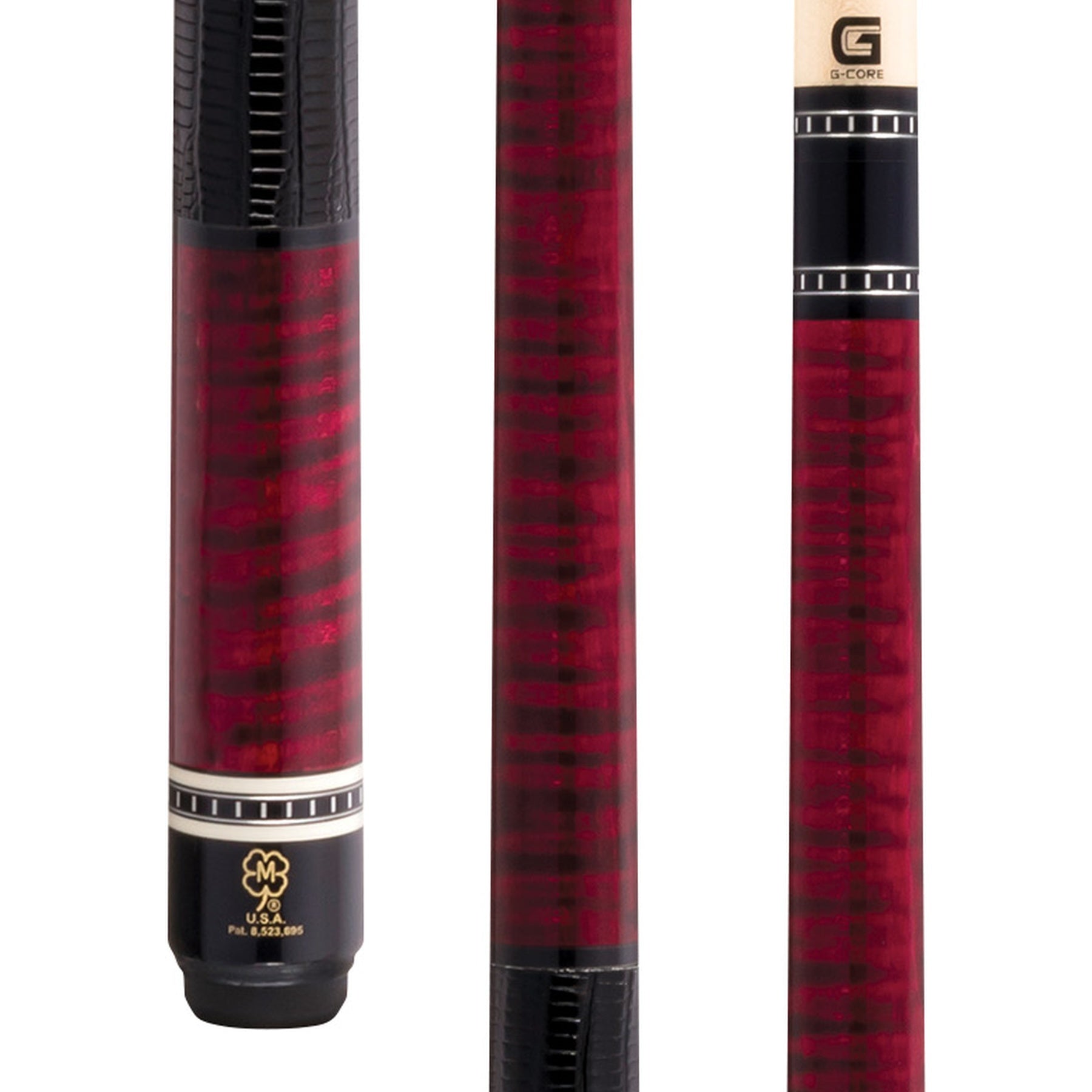 McDermott H651 pool cue close-up: curly maple with burgundy stain, lizard leather wrap, silver and bone urethane rings.
