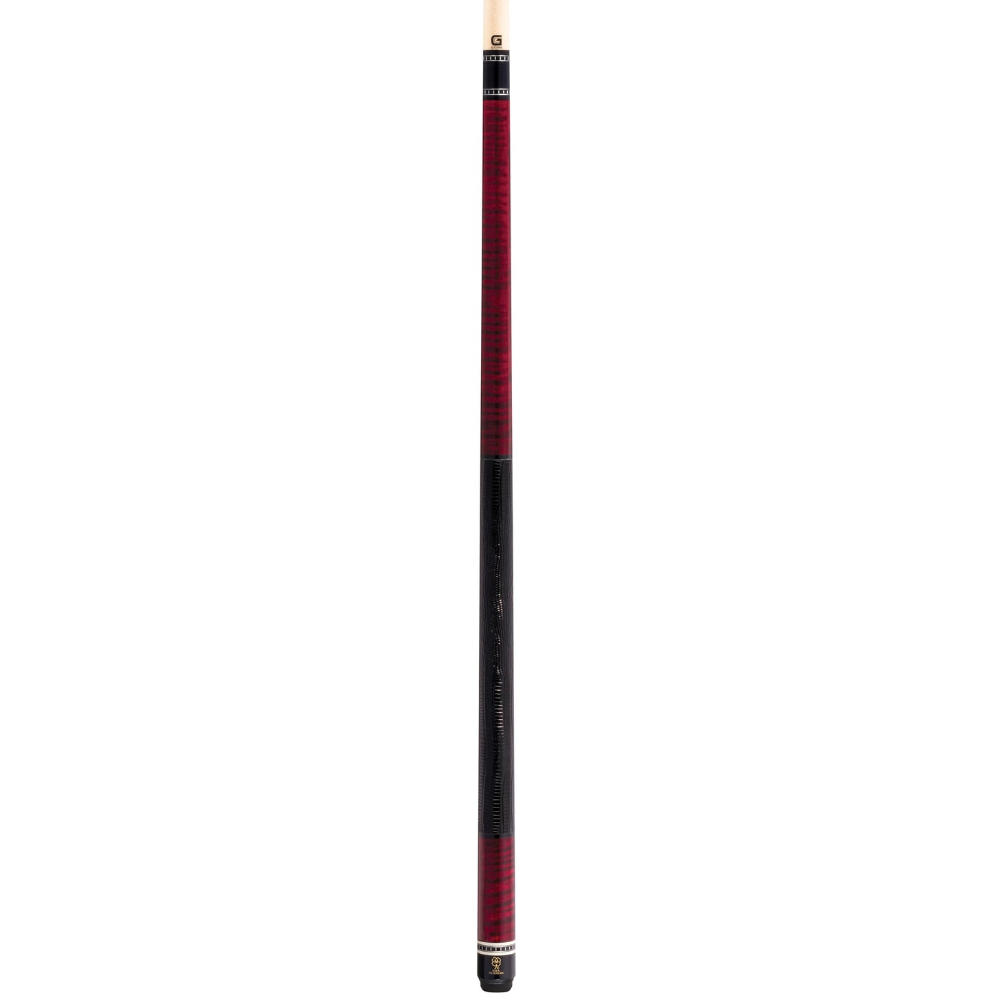 McDermott H651 pool cue full view: curly maple with burgundy stain, lizard leather wrap, G-Core shaft.