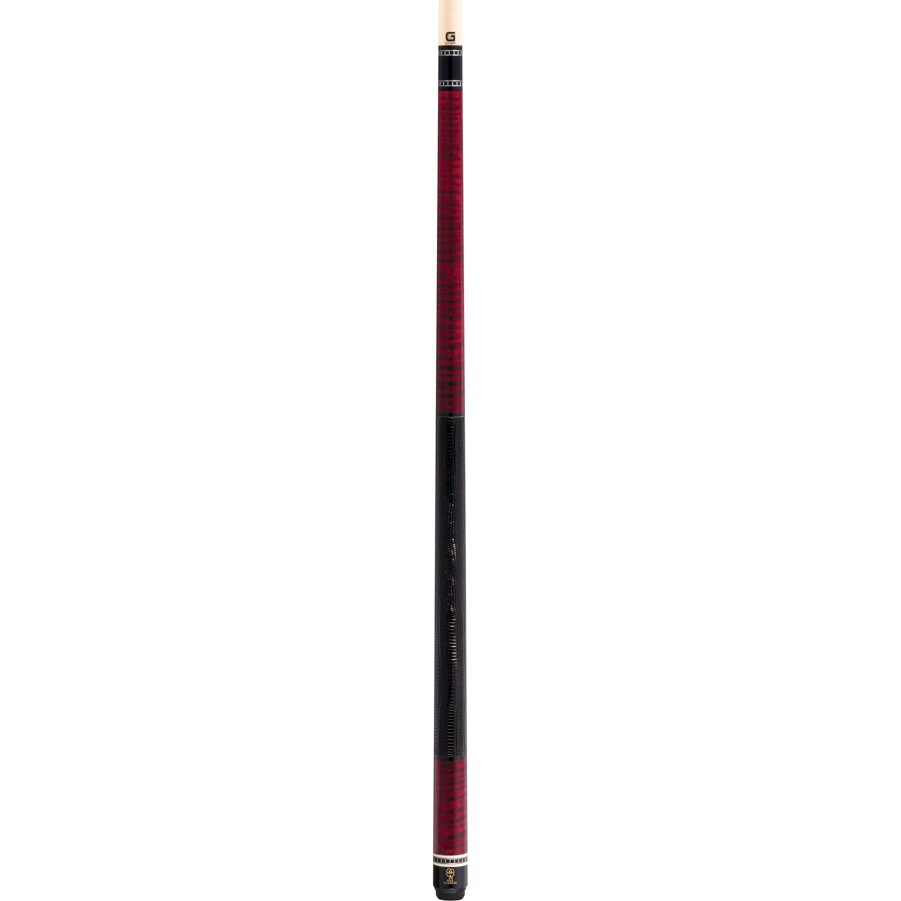 McDermott H651 pool cue full view: curly maple with burgundy stain, lizard leather wrap, G-Core shaft.