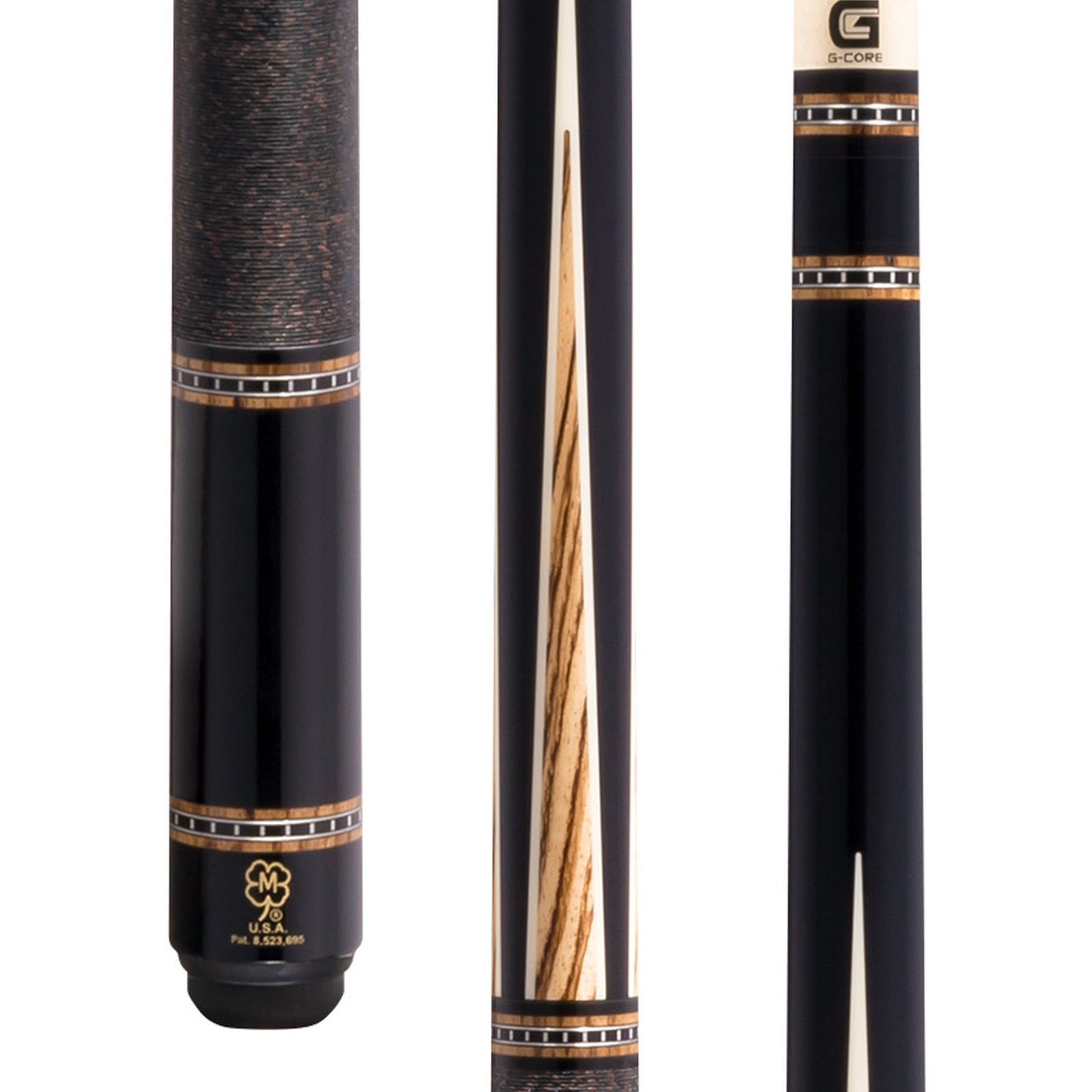 McDermott H652 pool cue close-up showing zebrawood points, silver and zebrawood rings, and Irish linen wrap.