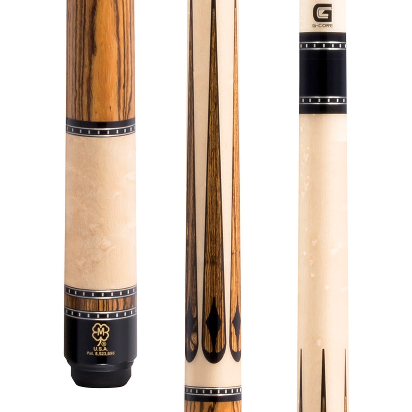 McDermott H653 pool cue close-up: Bocote handle and birdseyes maple forearm with bocote and black urethane points.