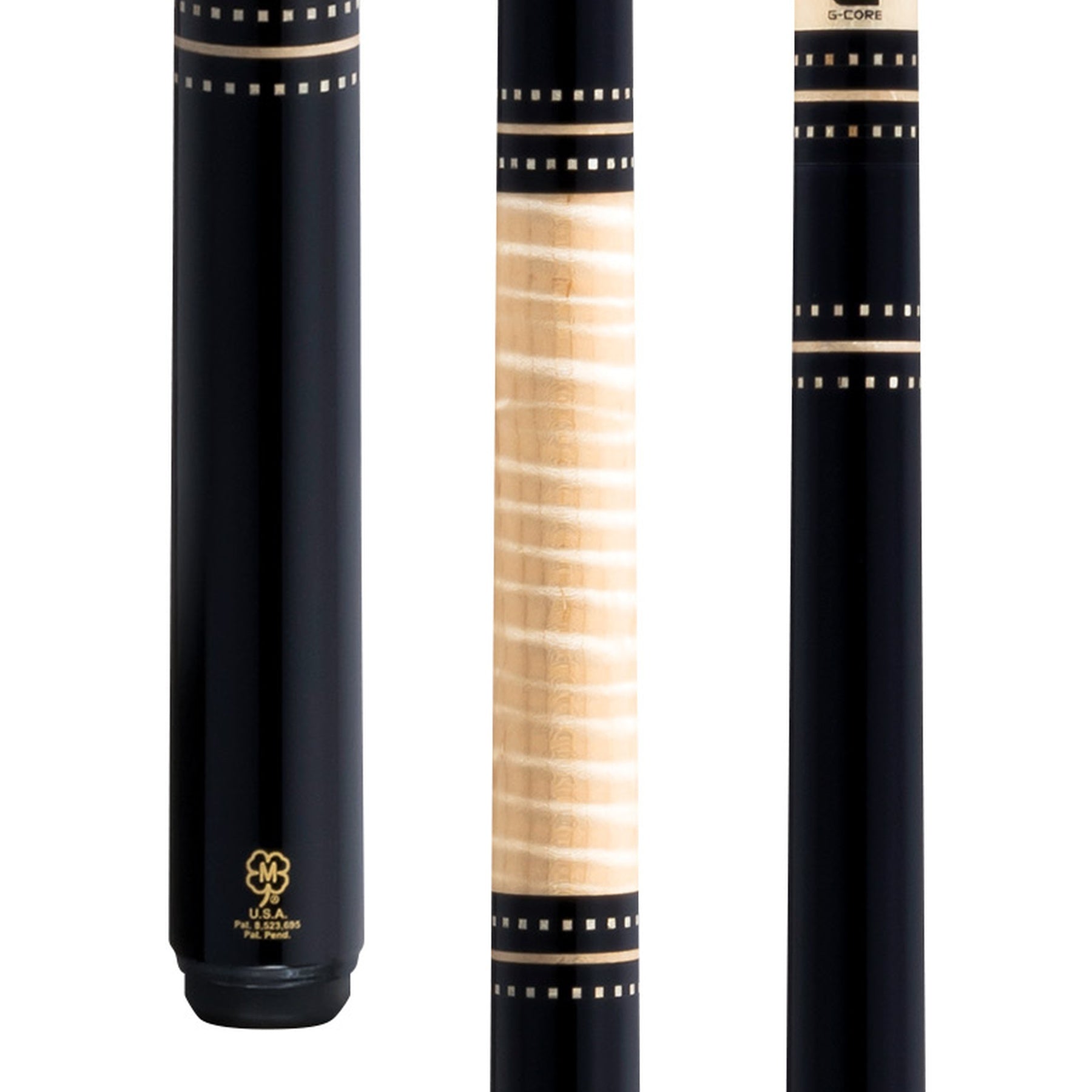 McDermott H654 Pool Cue close-up of black urethane and curly maple forearm with index rings.