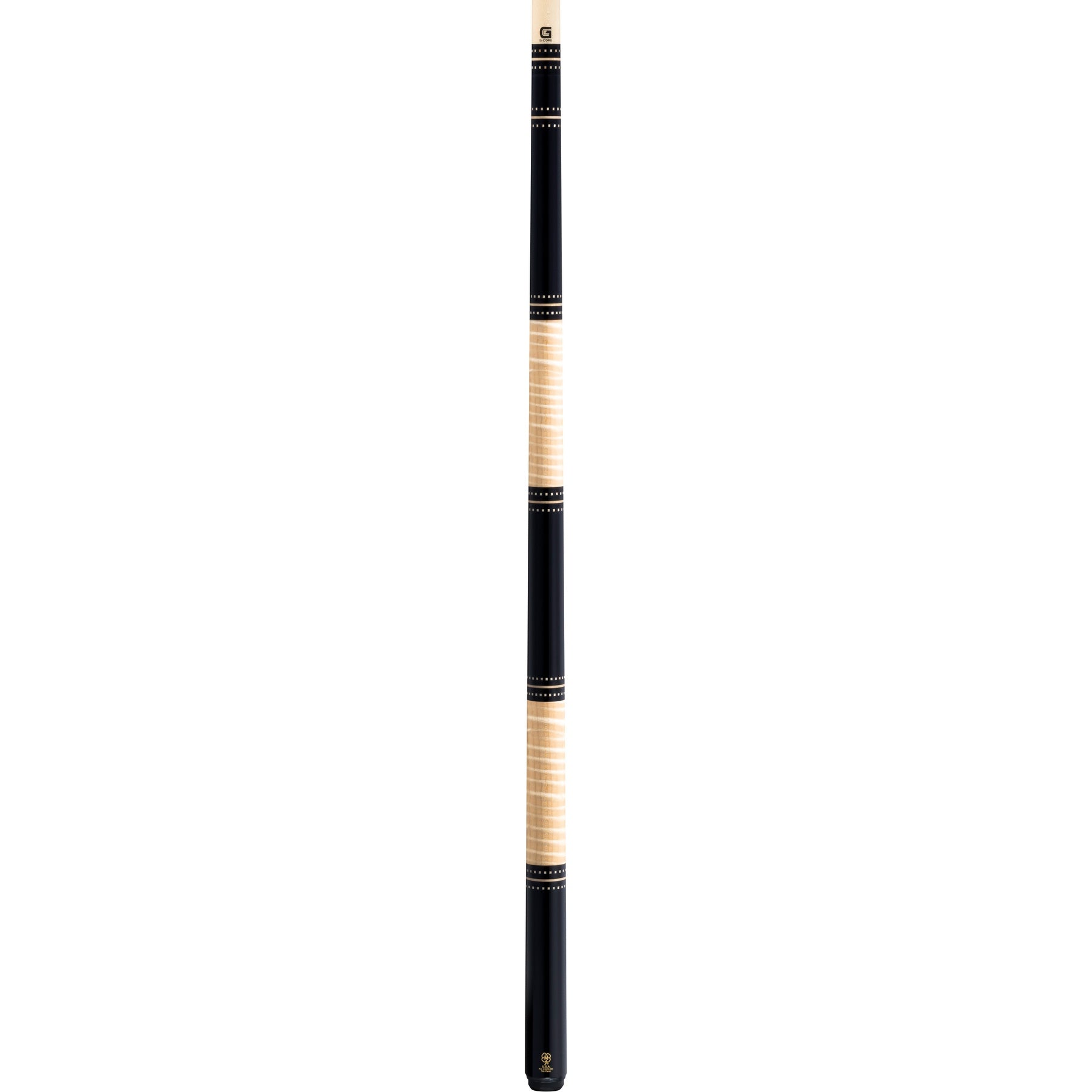 Full view of McDermott H654 Pool Cue with black urethane and curly maple design and G-Core shaft.