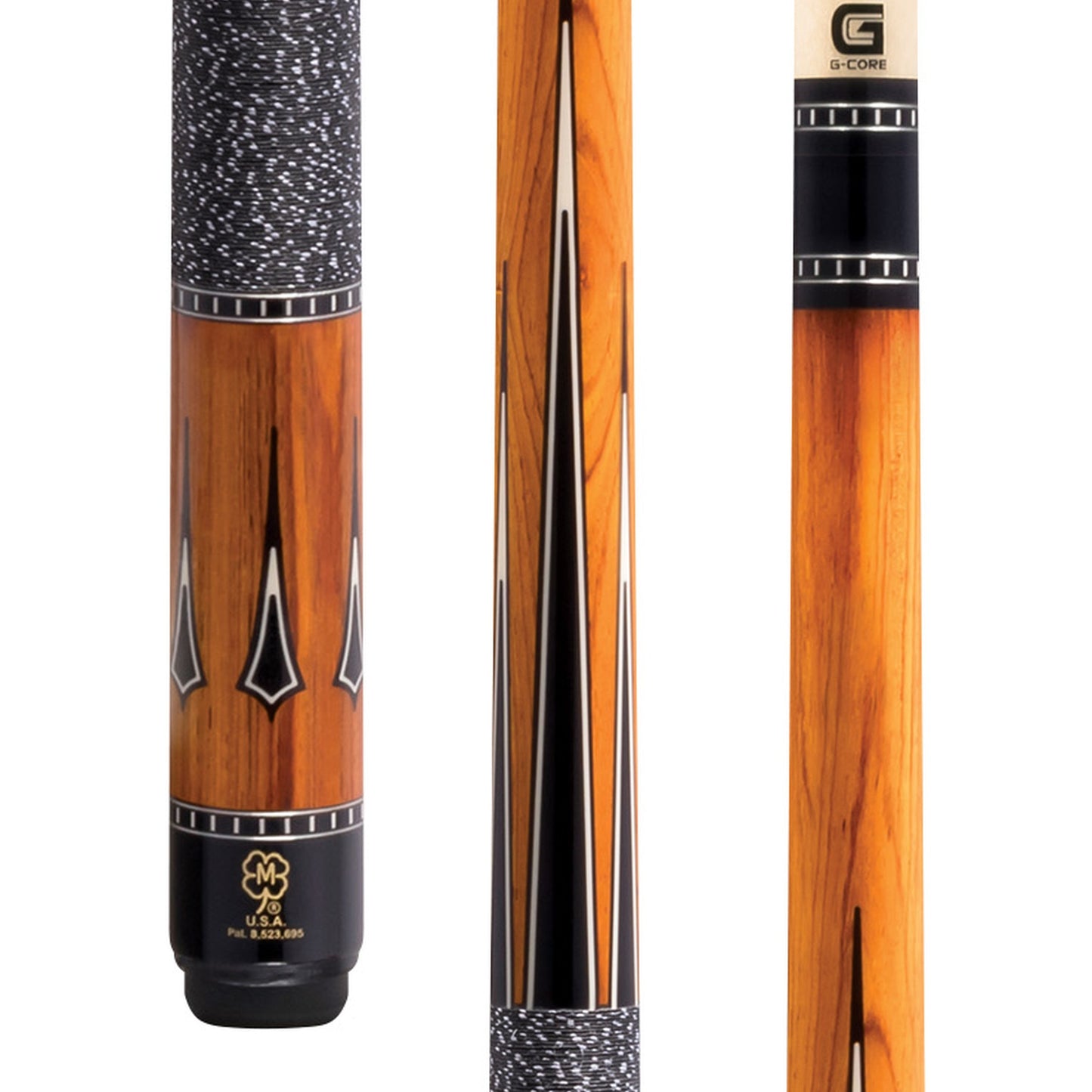 McDermott H751 pool cue butt close-up showing cocobolo, black & white points, and Irish linen wrap. Close-up view.