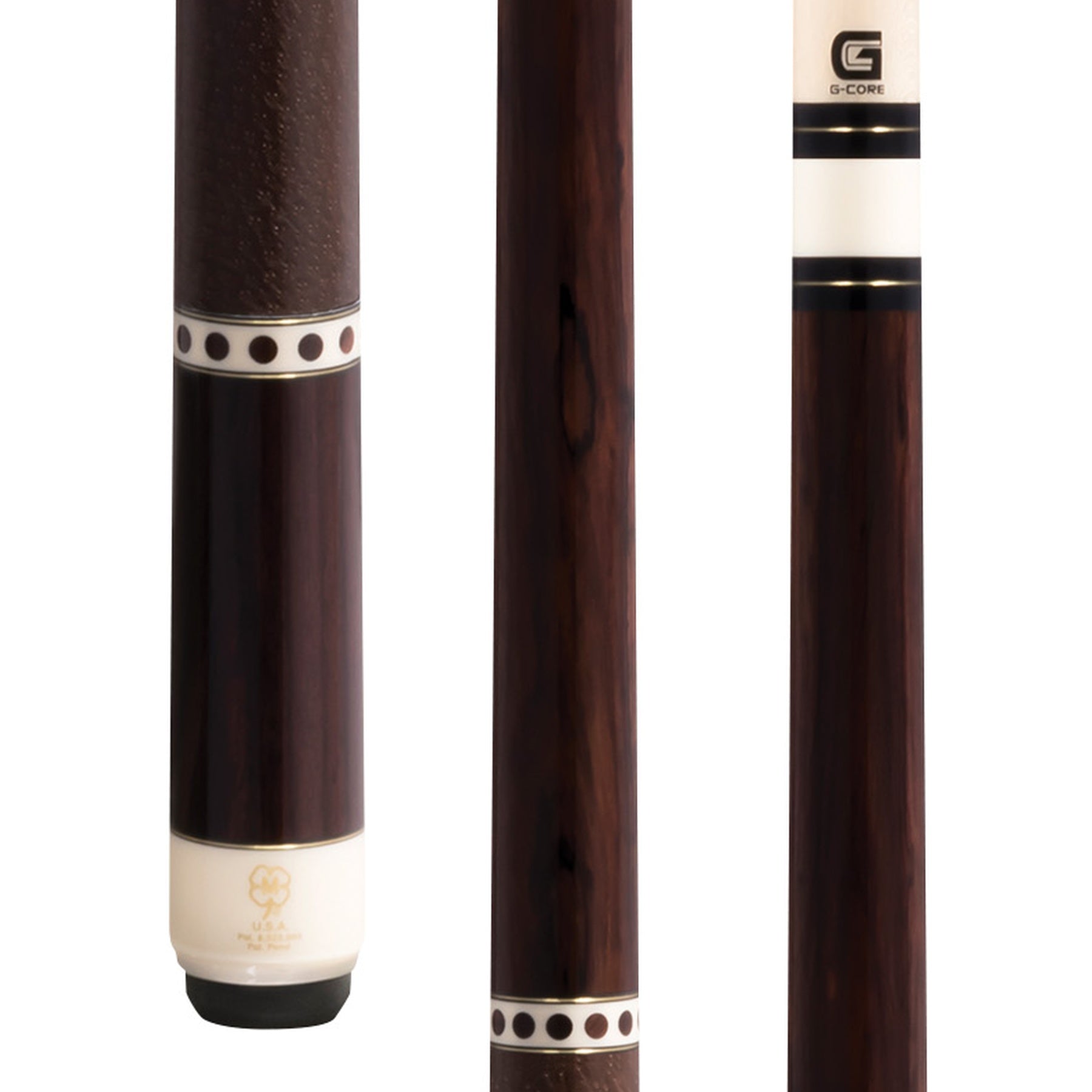 McDermott H752 pool cue close-up of cocobolo butt with black and white points and Irish linen wrap.