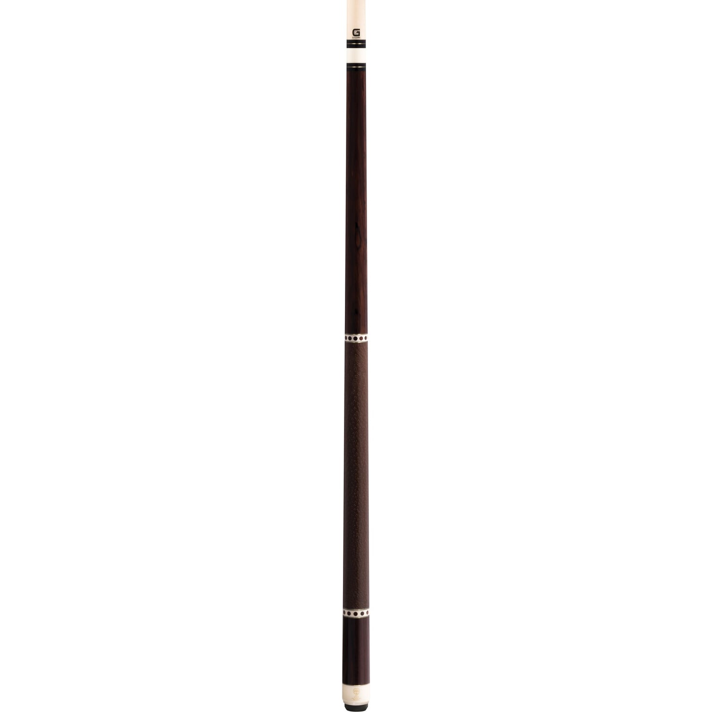 Full view of McDermott H752 pool cue featuring cocobolo forearm and sleeve, black and white points, and Irish linen wrap.