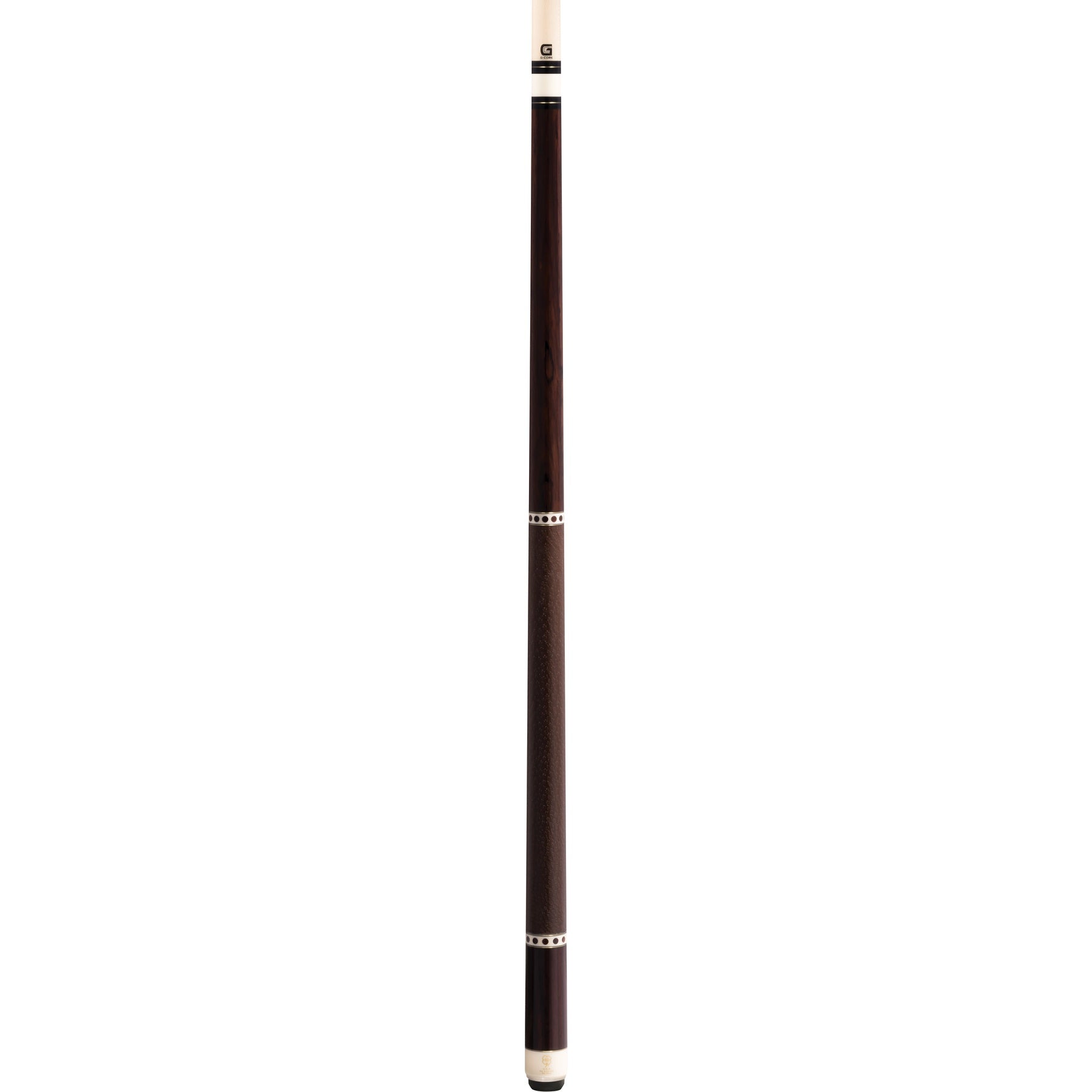 Full view of McDermott H752 pool cue featuring cocobolo forearm and sleeve, black and white points, and Irish linen wrap.