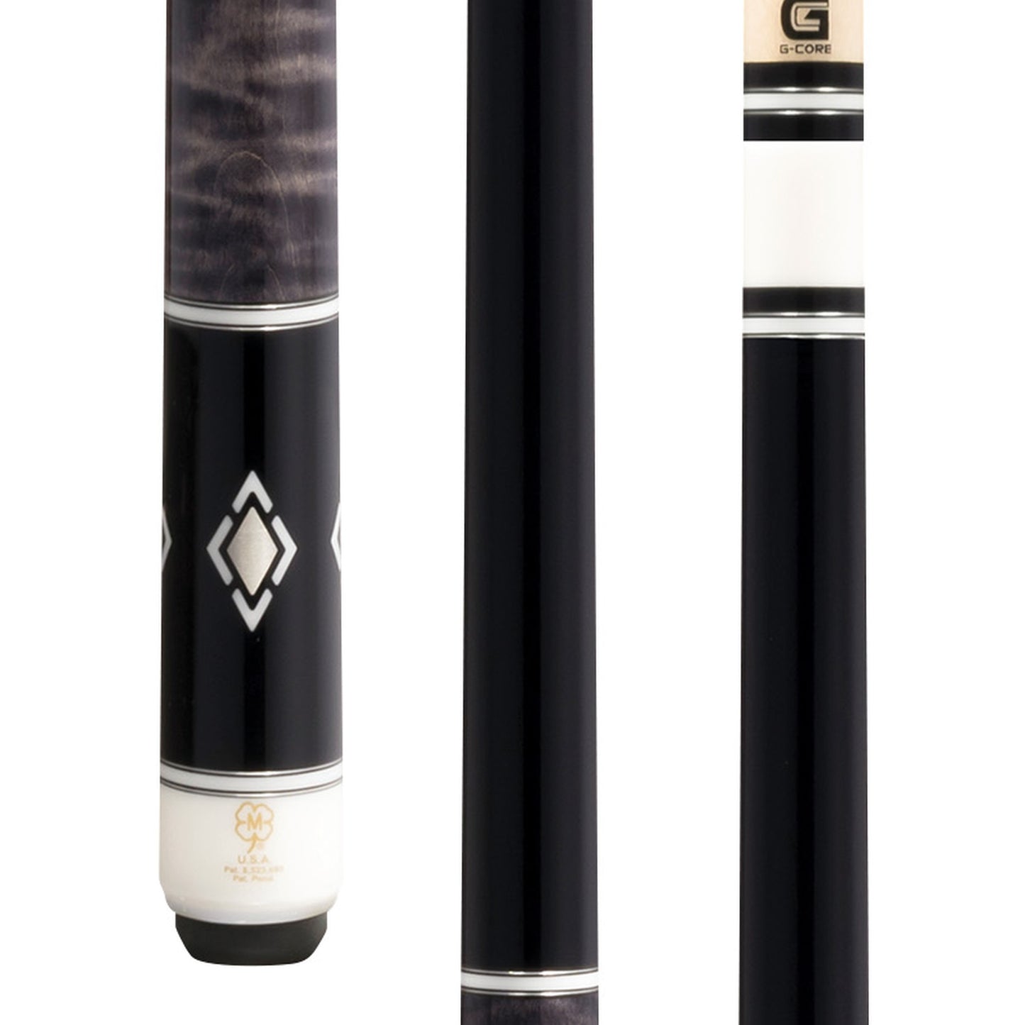 McDermott H753 Pool Cue close-up of curly maple handle with light grey stain and pewter/white urethane inlays.