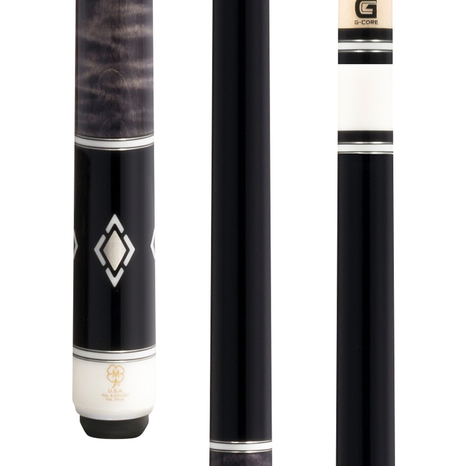 McDermott H753 Pool Cue close-up of curly maple handle with light grey stain and pewter/white urethane inlays.