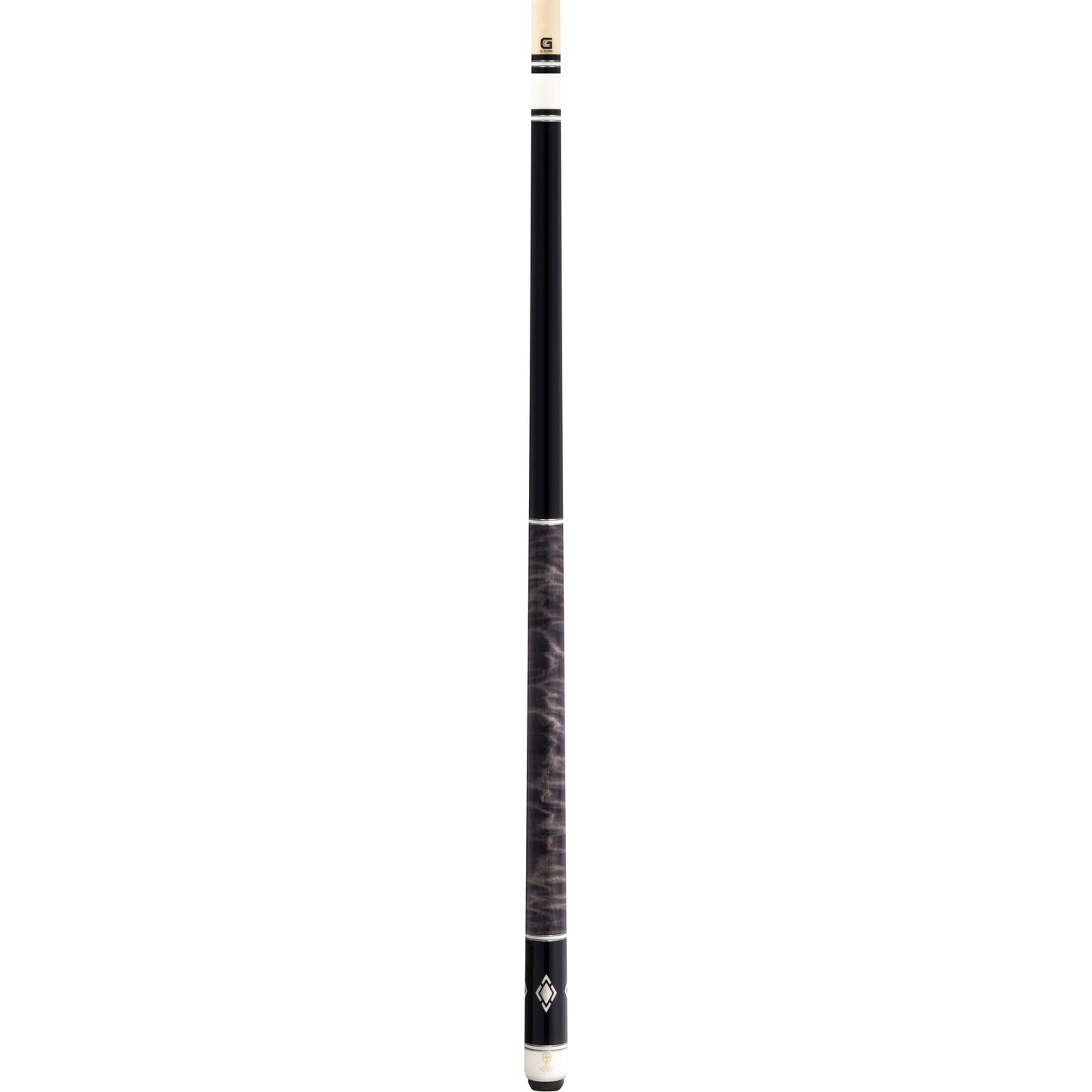 Full view of McDermott H753 Pool Cue featuring black urethane, curly maple handle, and pewter/white inlays.