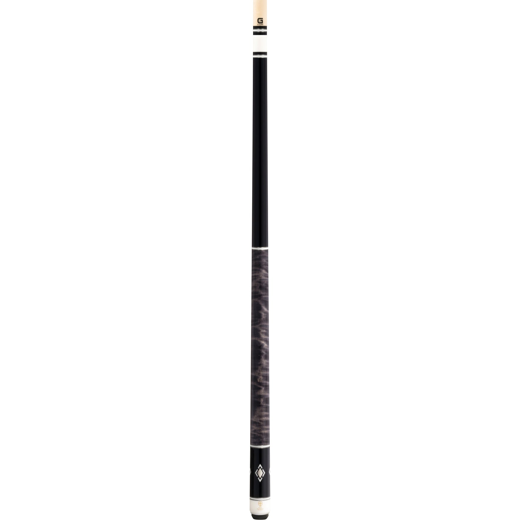 Full view of McDermott H753 Pool Cue featuring black urethane, curly maple handle, and pewter/white inlays.