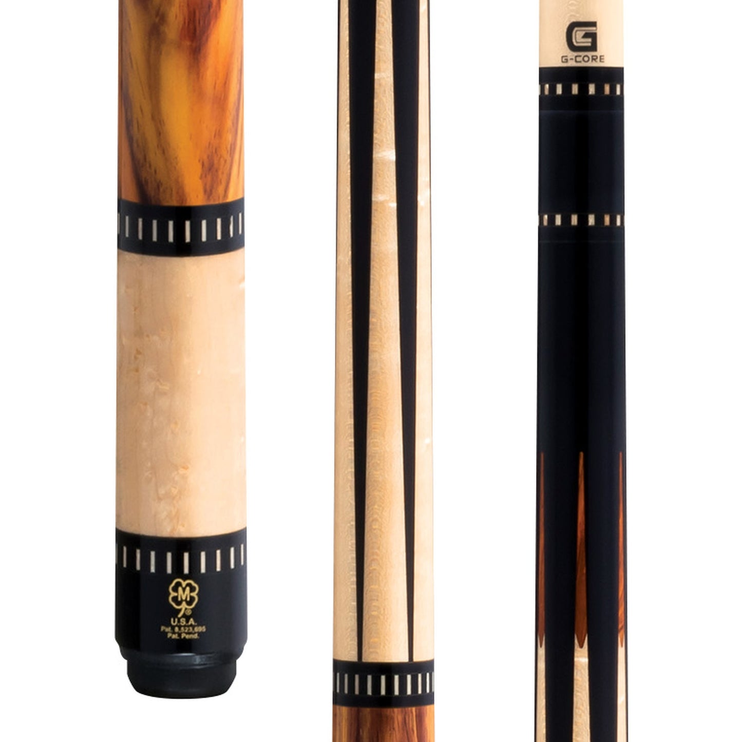 McDermott H754 pool cue close-up: Cocobolo no-wrap handle with black urethane and index rings.