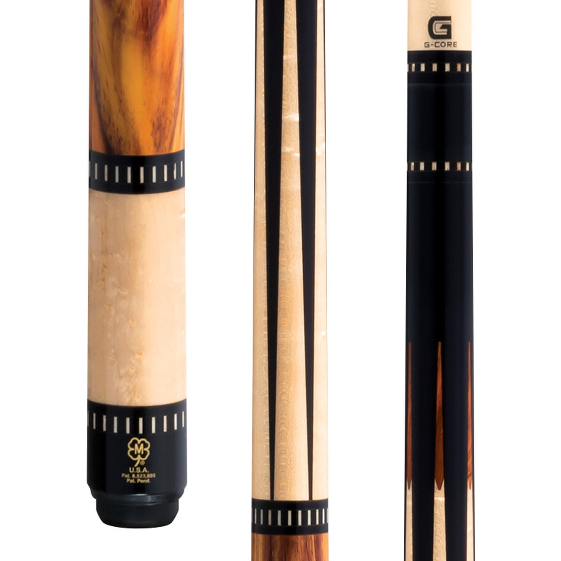 McDermott H754 pool cue close-up: Cocobolo no-wrap handle with black urethane and index rings.