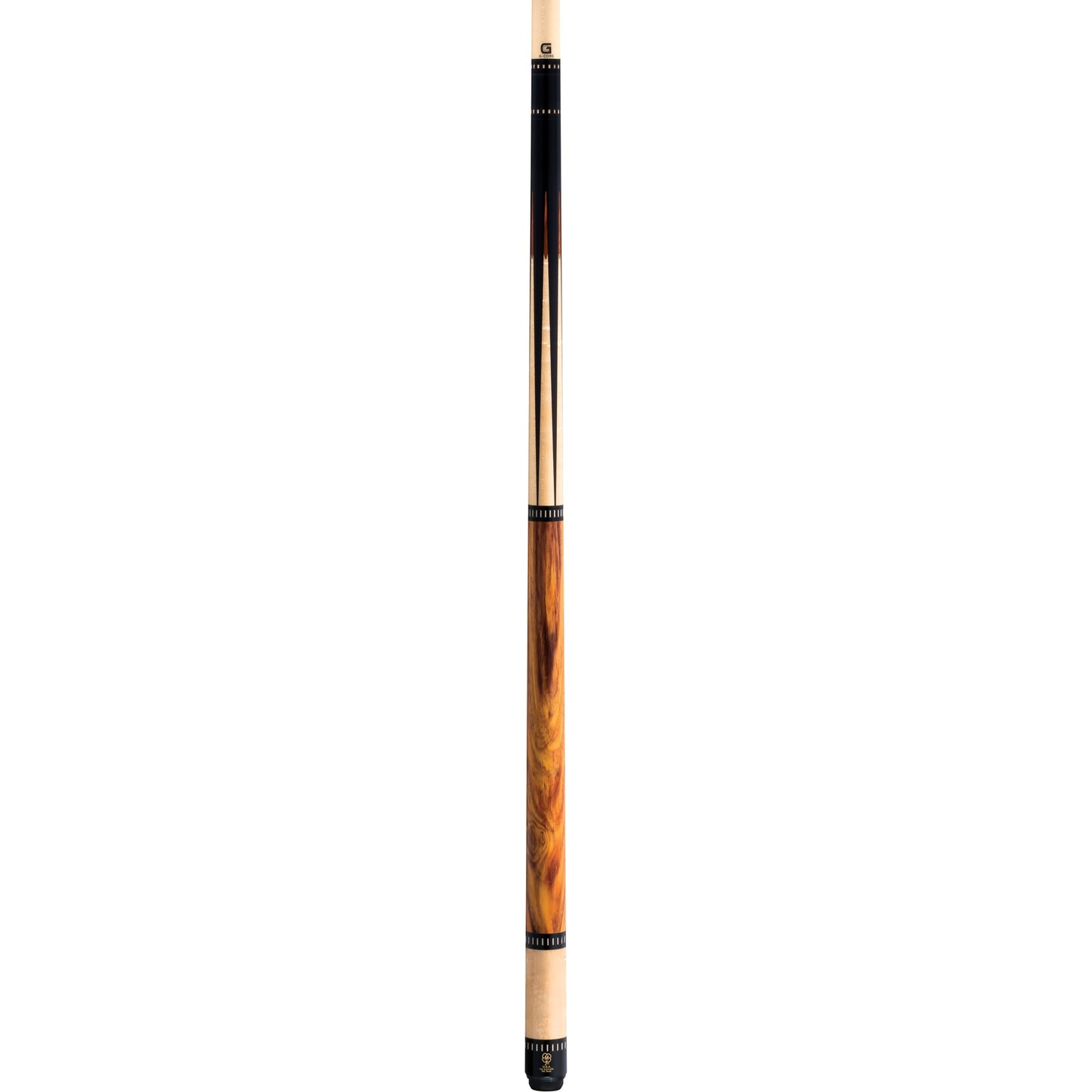 McDermott H754 full pool cue: Black urethane forearm, birdseye maple sleeve, cocobolo points, G-Core shaft.