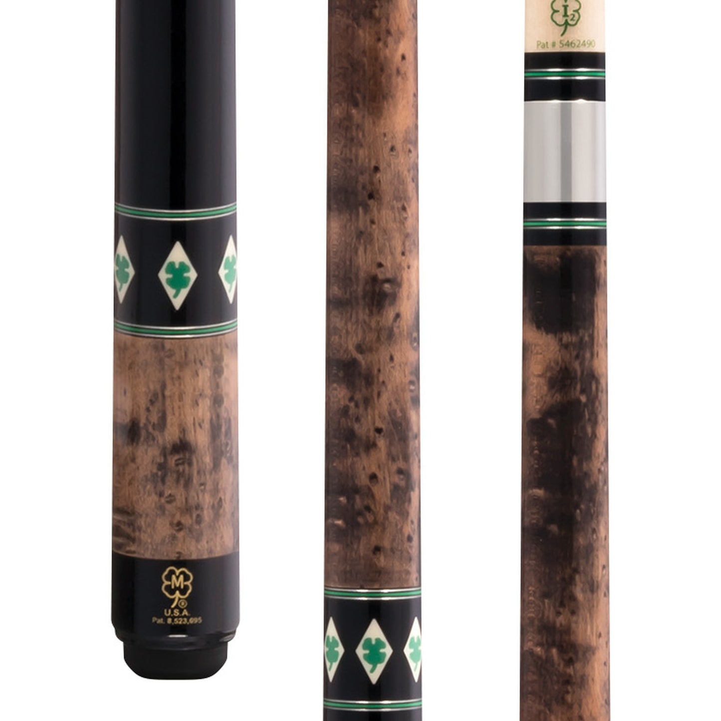 McDermott H850 pool cue with birdseye maple and green clover graphic design.
