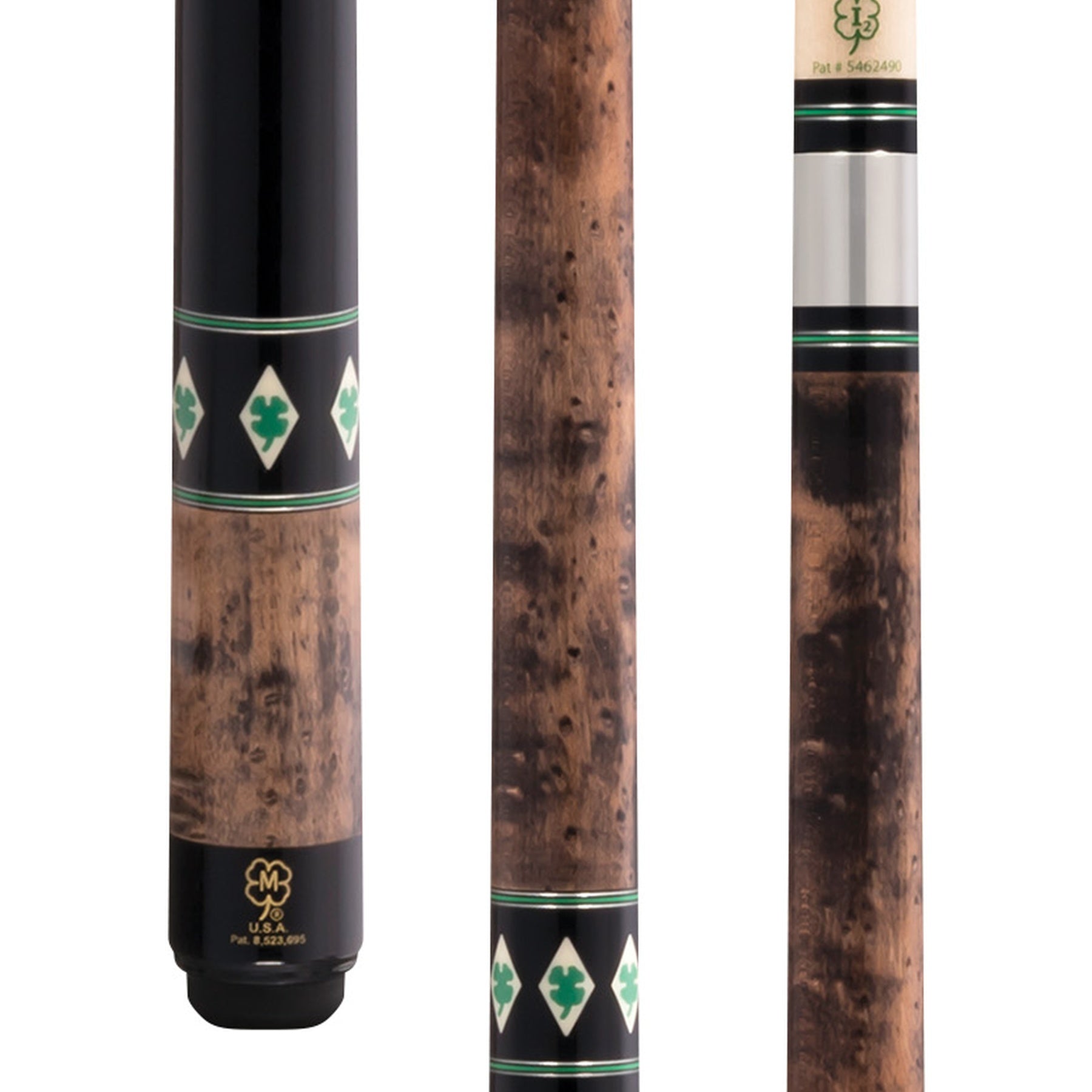 McDermott H850 pool cue with birdseye maple and green clover graphic design.