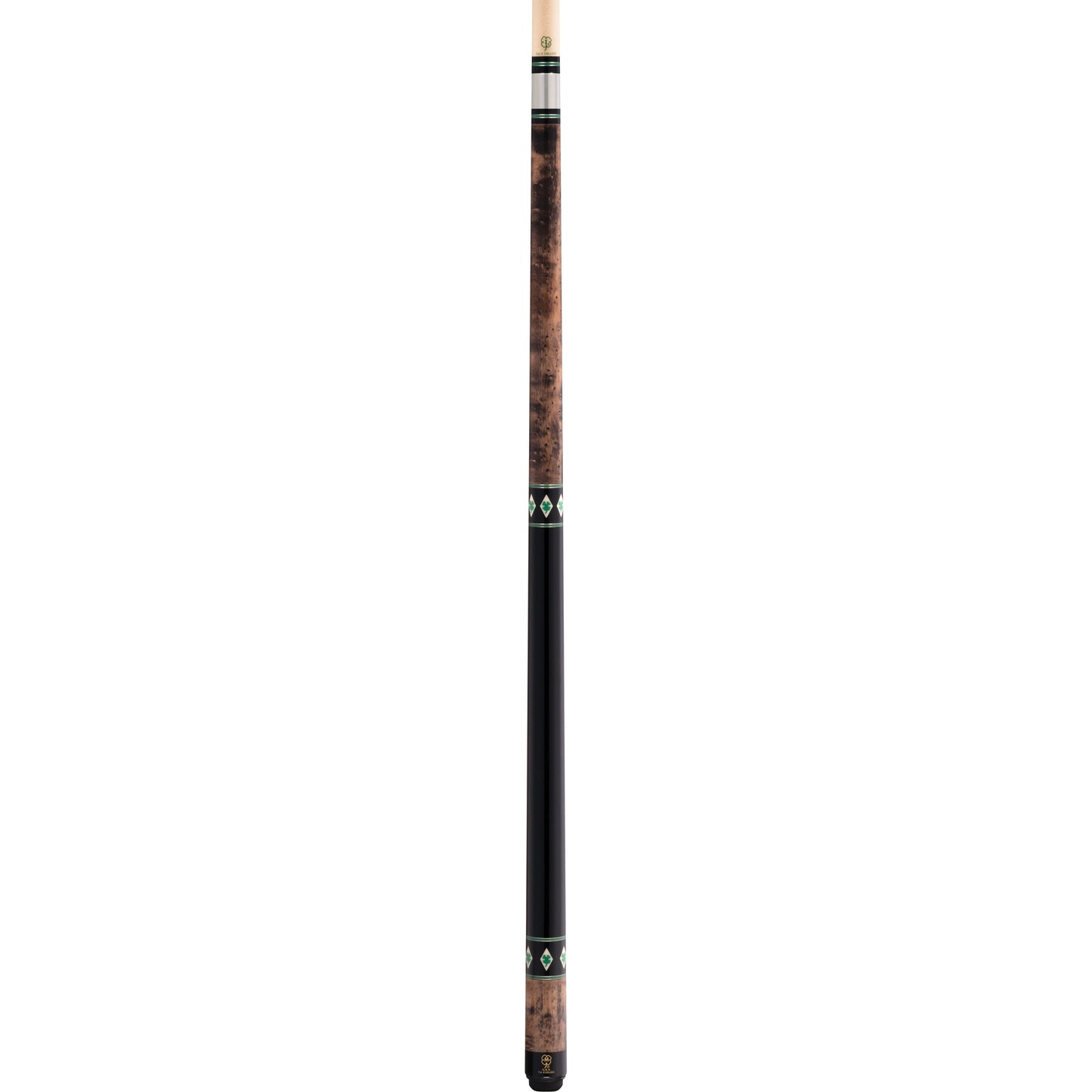 Full view of a pool cue with birdseye maple and black sections.