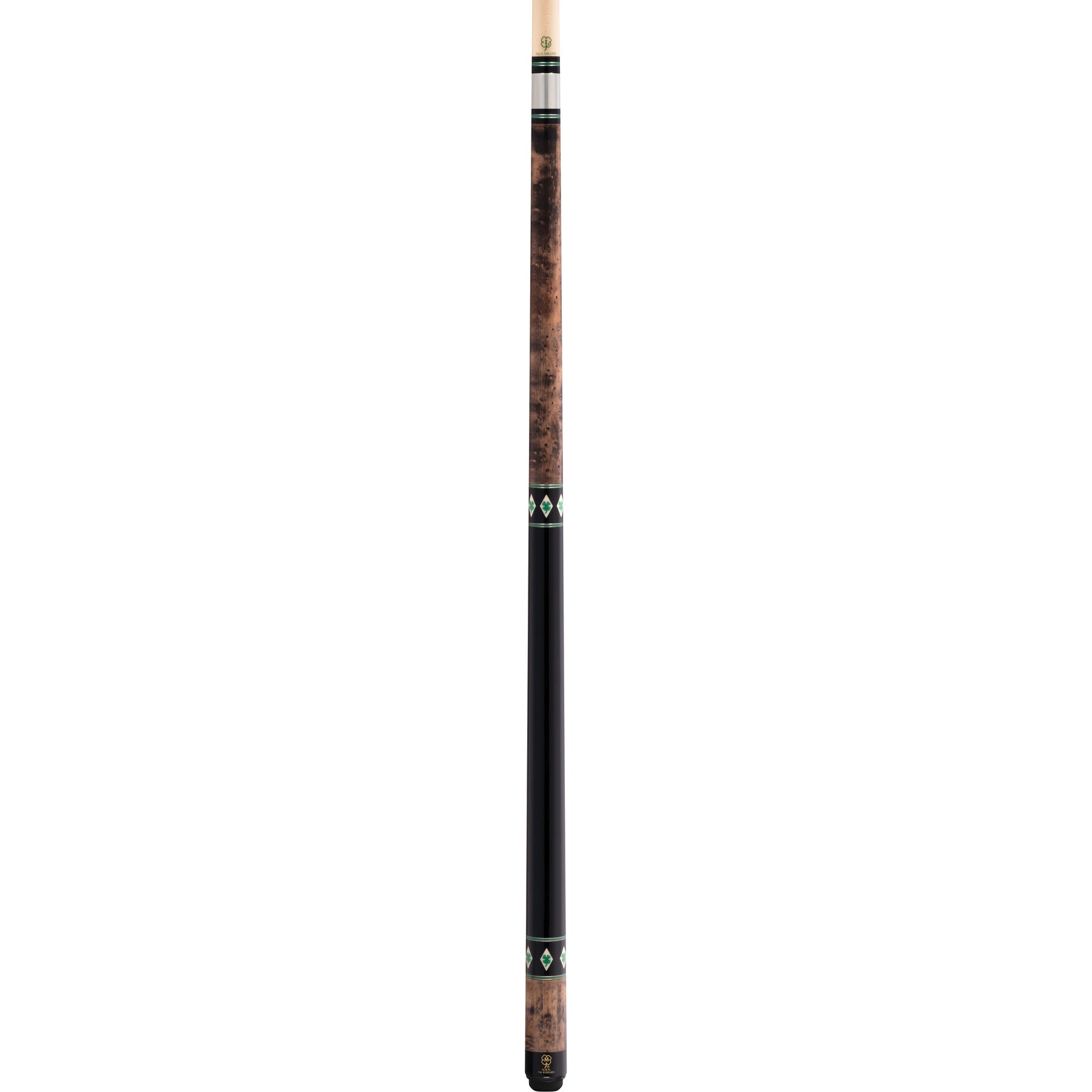 Full view of a pool cue with birdseye maple and black sections.