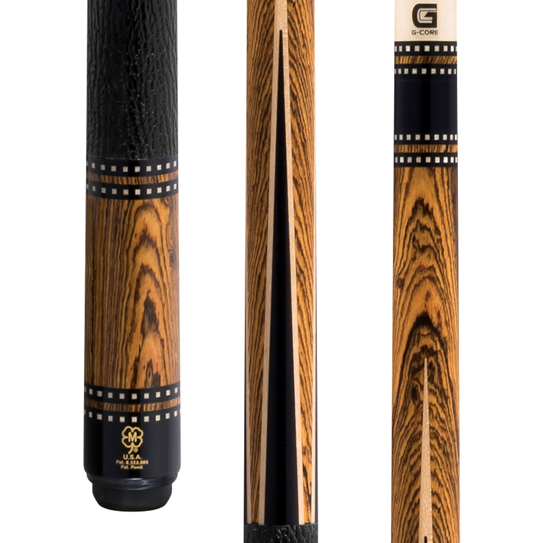 McDermott H852 pool cue close-up: bocote forearm with black urethane and maple points, black shark leather wrap. (Close-up)
