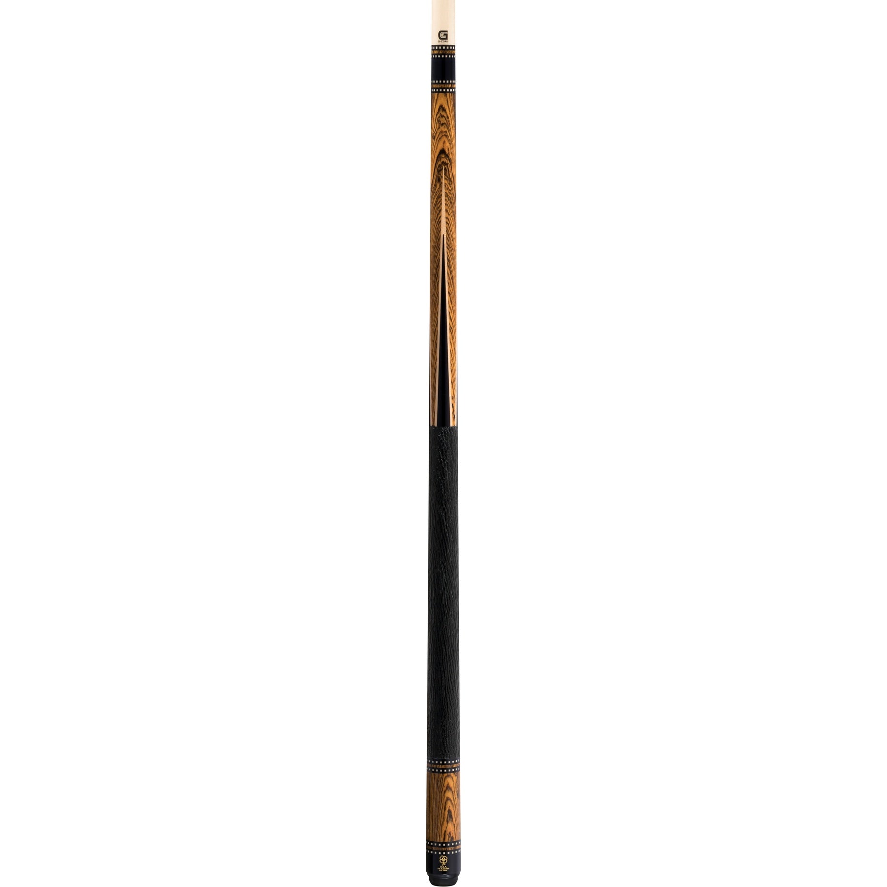 McDermott H852 pool cue: full-length view showing bocote forearm and sleeve, G-Core shaft, black shark leather wrap. (Full Cue)