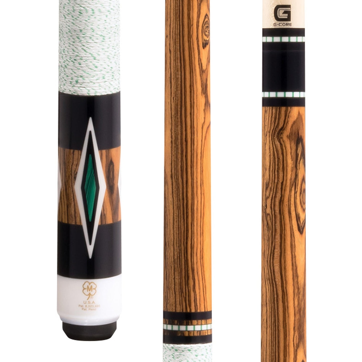 McDermott H853 pool cue close-up showing bocote forearm, malachite diamond inlays, and Irish linen wrap.