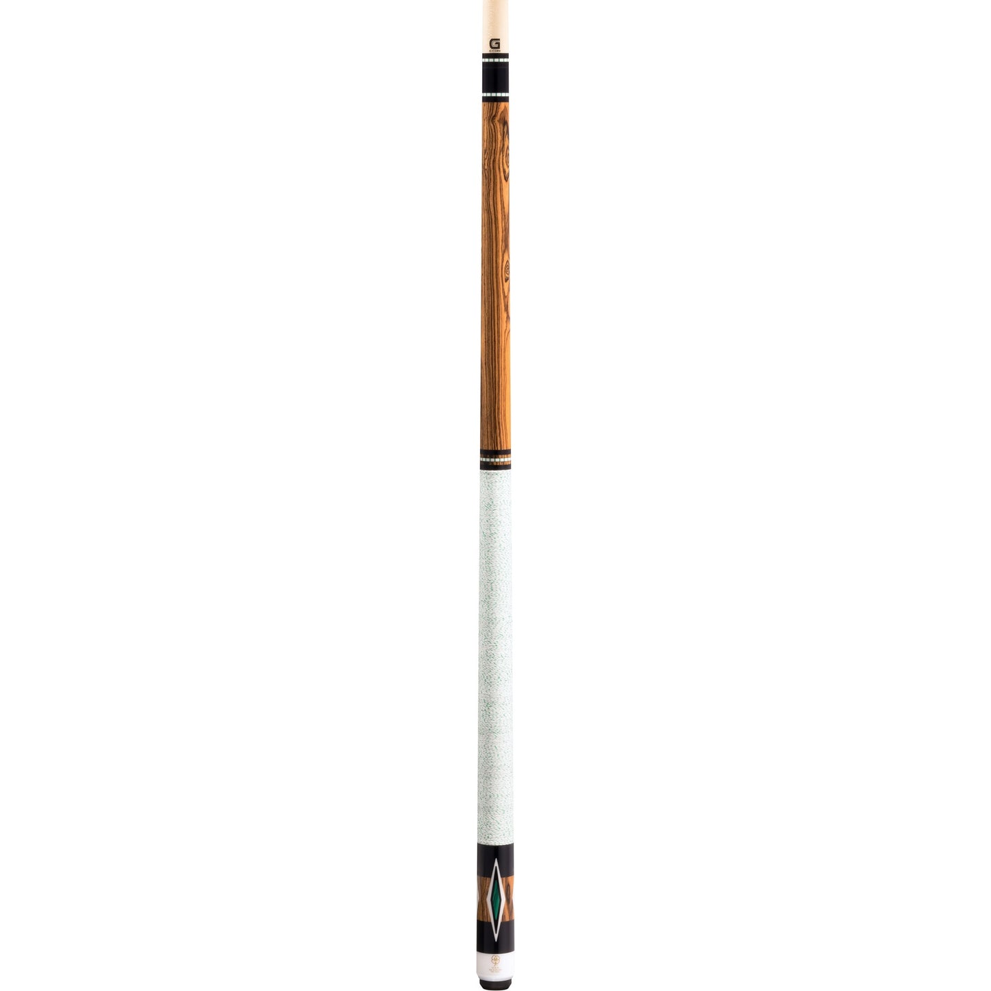 Full view of the McDermott H853 pool cue with bocote forearm, black urethane sleeve, malachite diamond inlays, and Irish linen wrap.