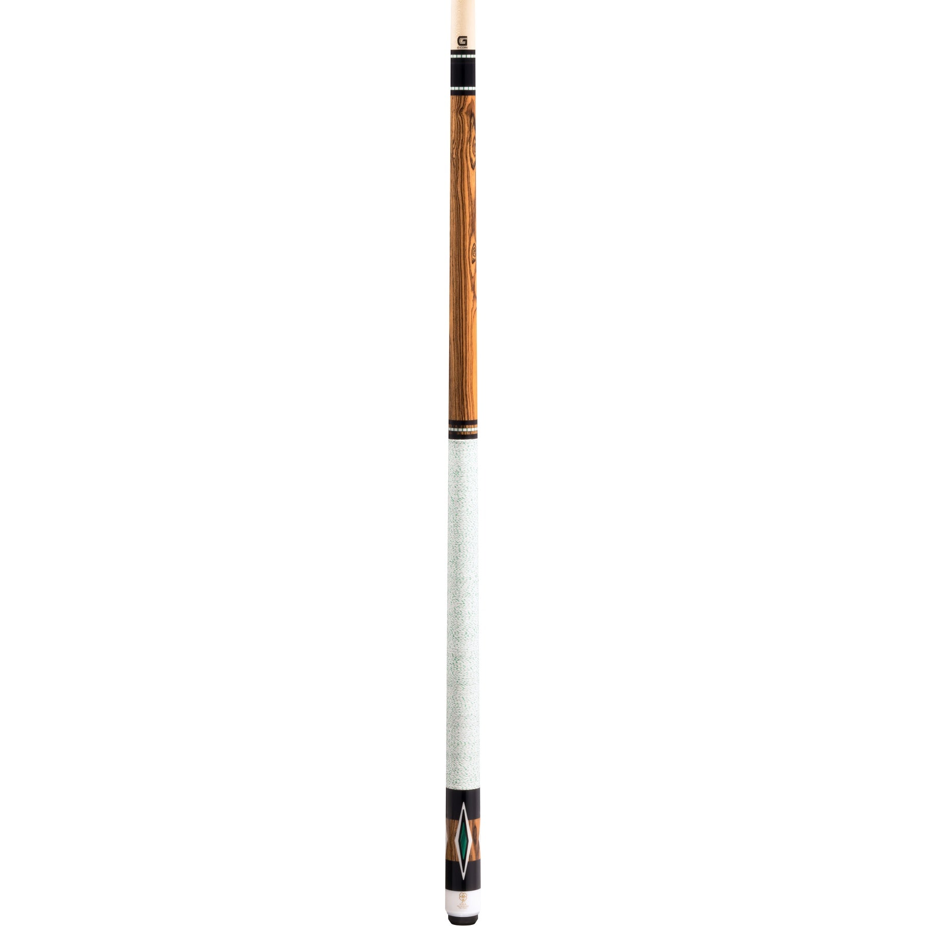 Full view of the McDermott H853 pool cue with bocote forearm, black urethane sleeve, malachite diamond inlays, and Irish linen wrap.