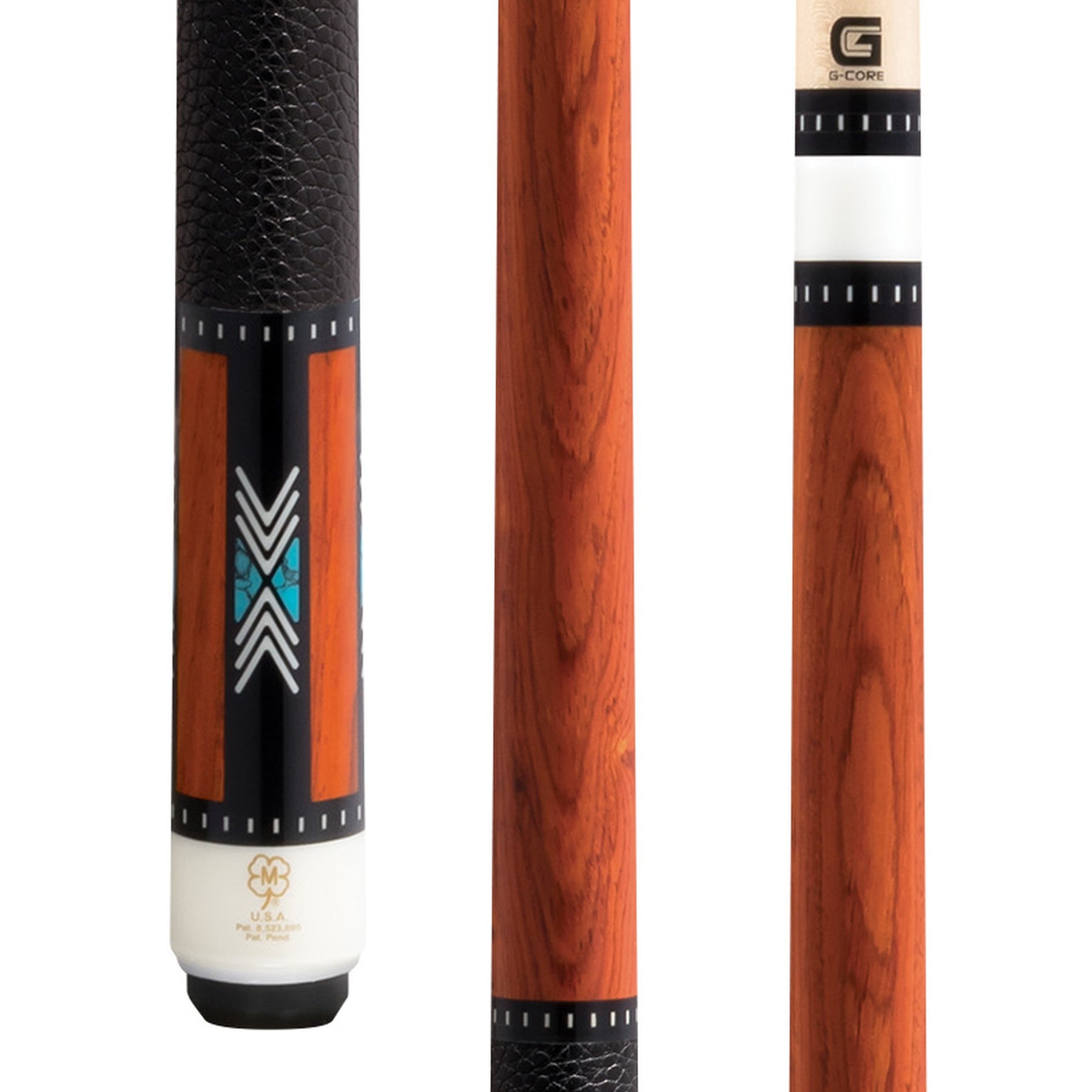 McDermott H950 Pool Cue close-up showing cocobolo, turquoise inlays, and black pig leather wrap.