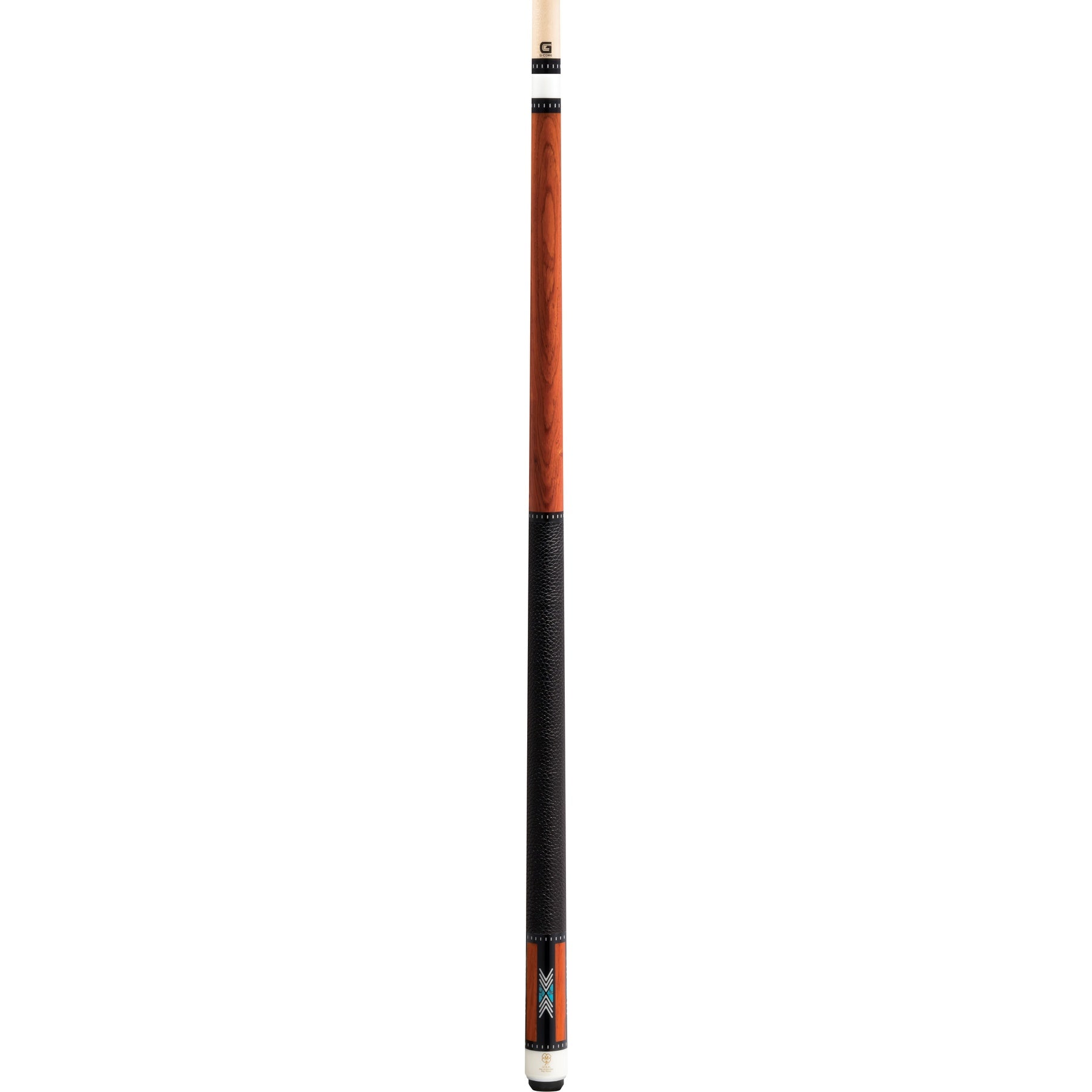 McDermott H950 Pool Cue full view, cocobolo, turquoise inlays, pig leather wrap, G-Core shaft.