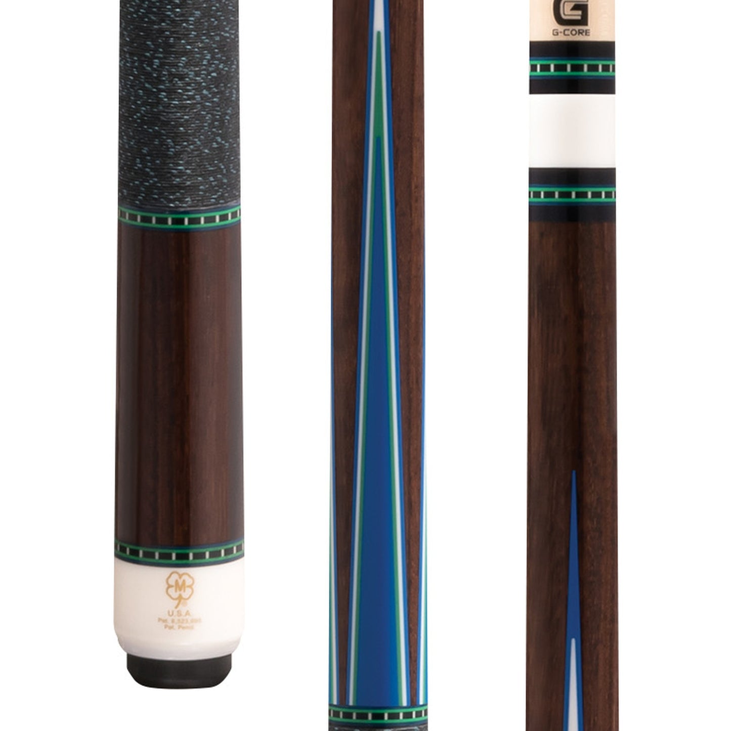 McDermott H951 pool cue close-up of rosewood with blue points, green, white, and blue veneers, and Irish linen wrap.