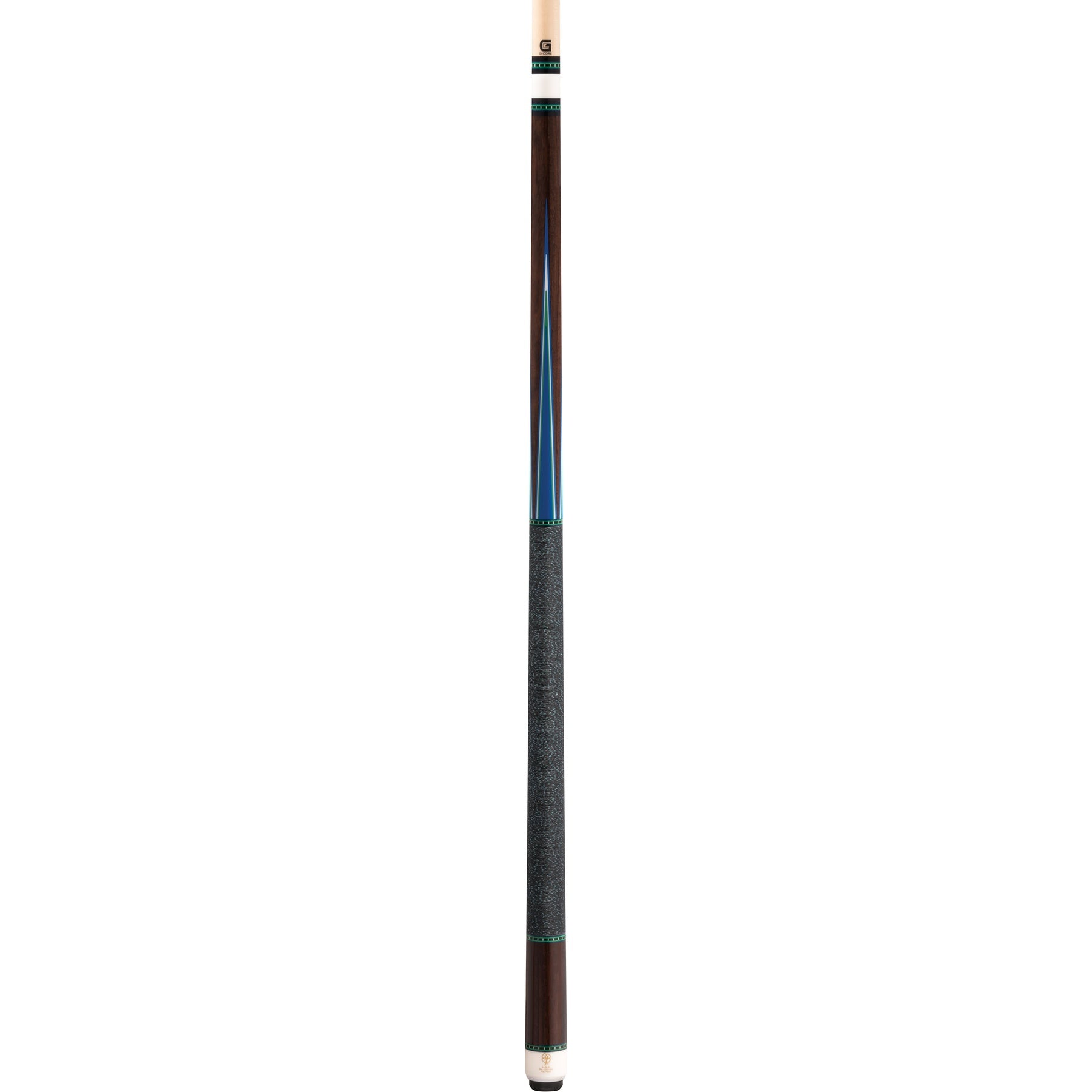 McDermott H951 pool cue full view showing rosewood forearm and sleeve, blue points, Irish linen wrap, and G-Core shaft.
