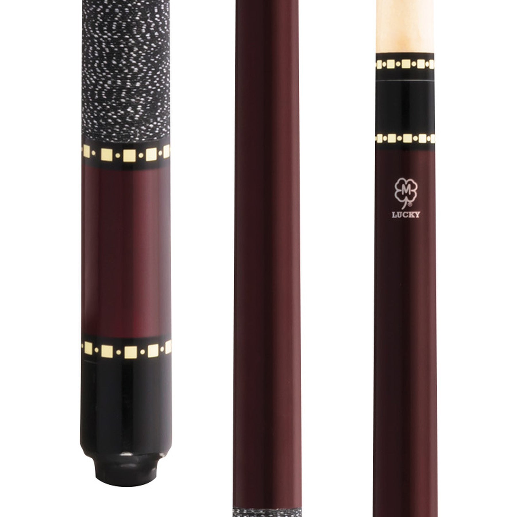 McDermott Lucky L10 pool cue close-up showing metallic red paint, overlay index rings, and Irish linen wrap.