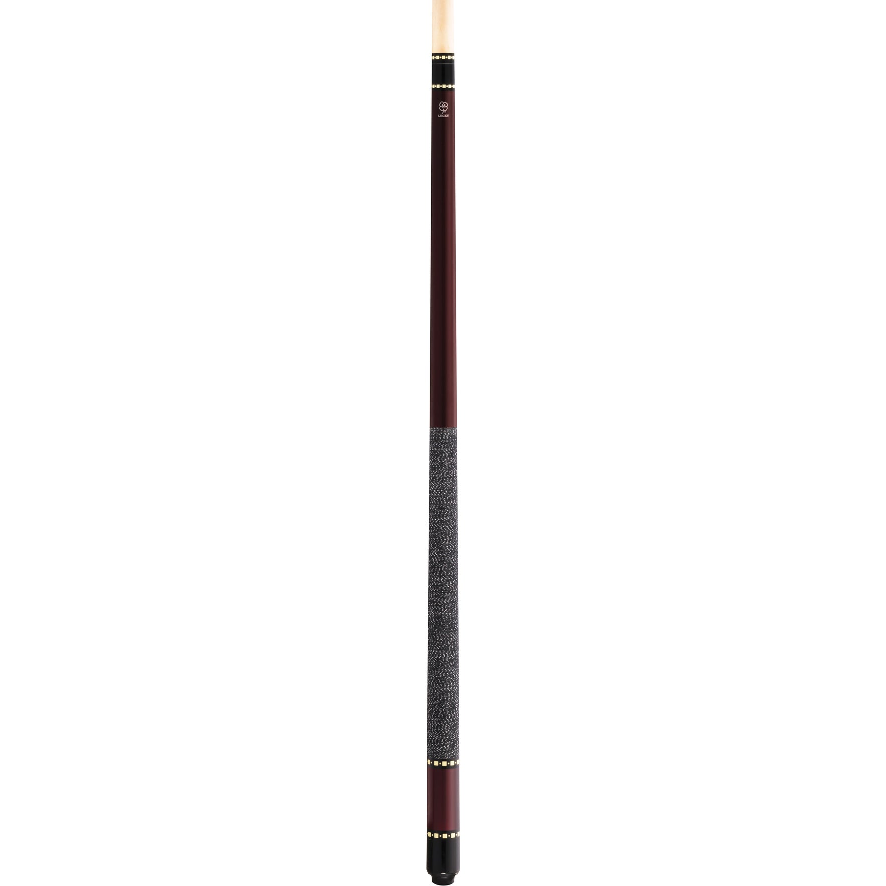 Full view of McDermott Lucky L10 pool cue with metallic red paint, overlay index rings, and Irish linen wrap.