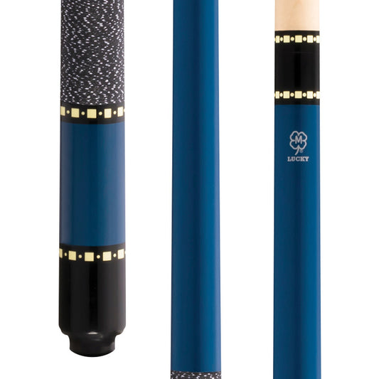 McDermott Lucky L11 pool cue, close-up view of butt with metallic blue paint, overlay index rings, and Irish linen wrap.