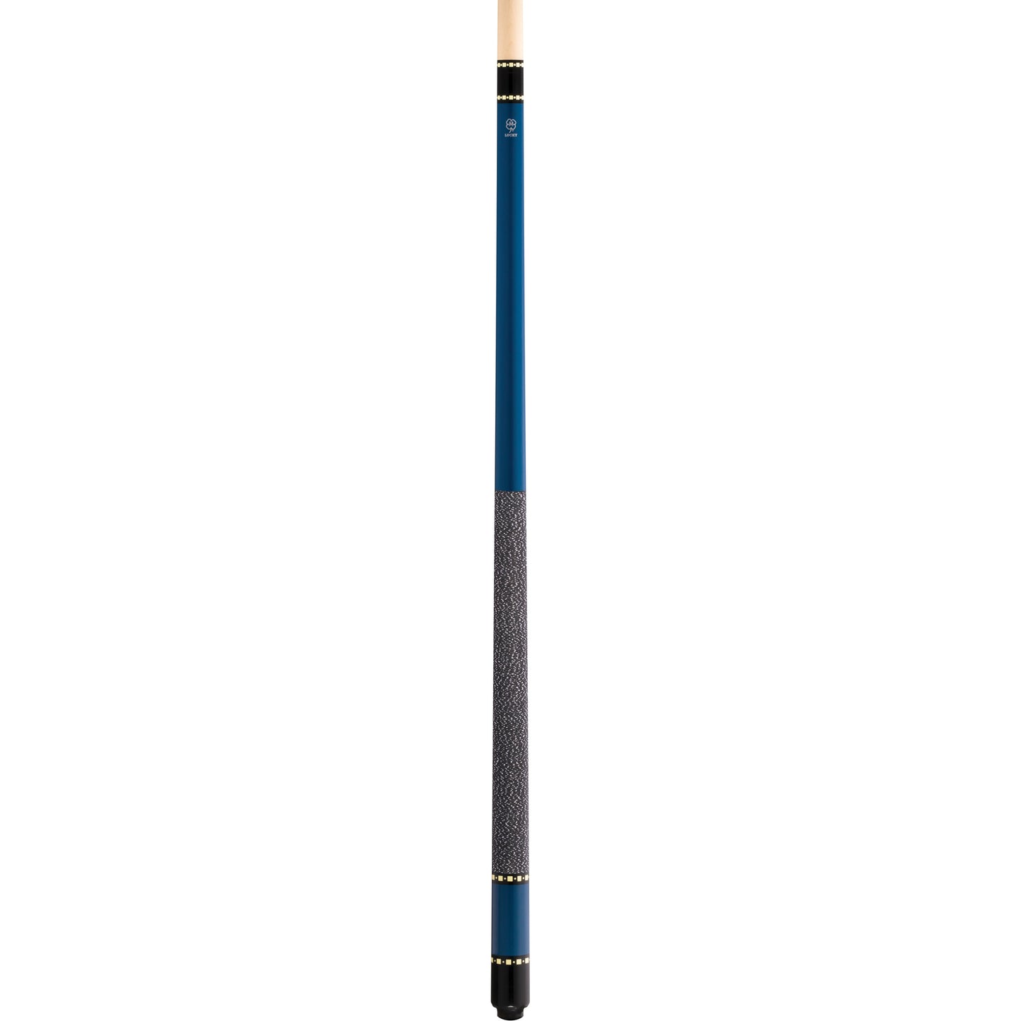 Full view of McDermott Lucky L11 pool cue. Metallic blue paint, overlay index rings, and Irish linen wrap design.