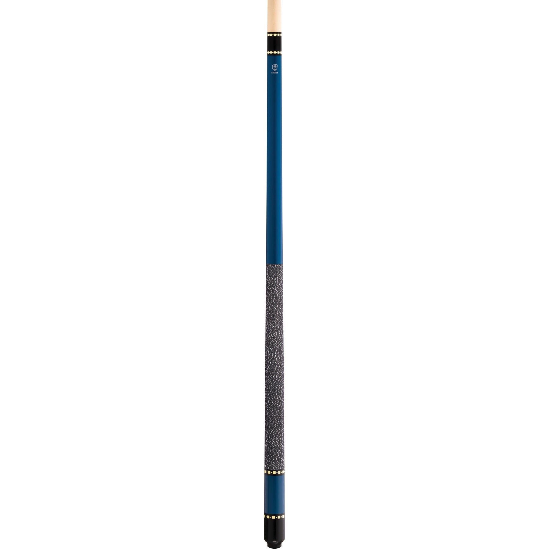 Full view of McDermott Lucky L11 pool cue. Metallic blue paint, overlay index rings, and Irish linen wrap design.