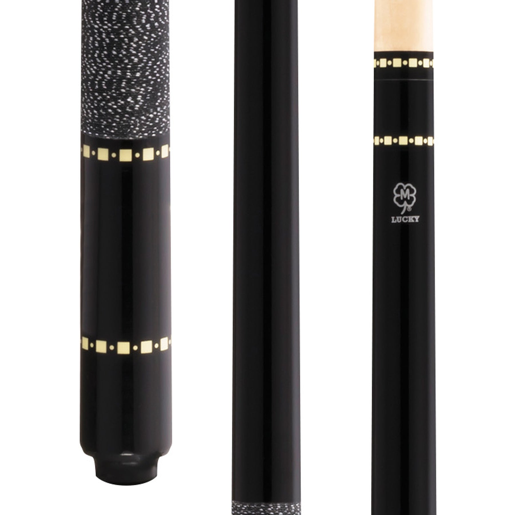 McDermott Lucky L12 pool cue. Close-up of black painted butt, overlay index rings, Irish linen wrap.