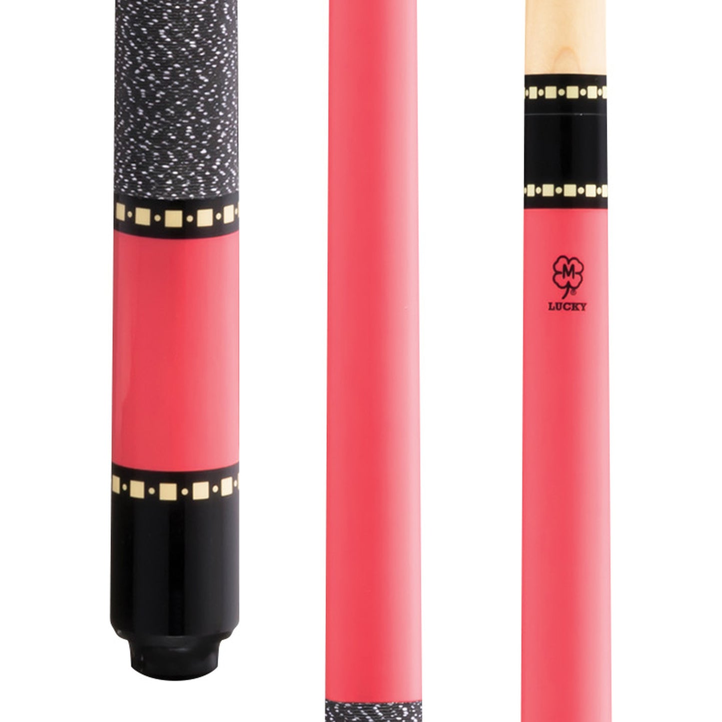 McDermott Lucky L13 Pool Cue, close-up of pink painted butt with overlay index rings and Irish linen wrap.