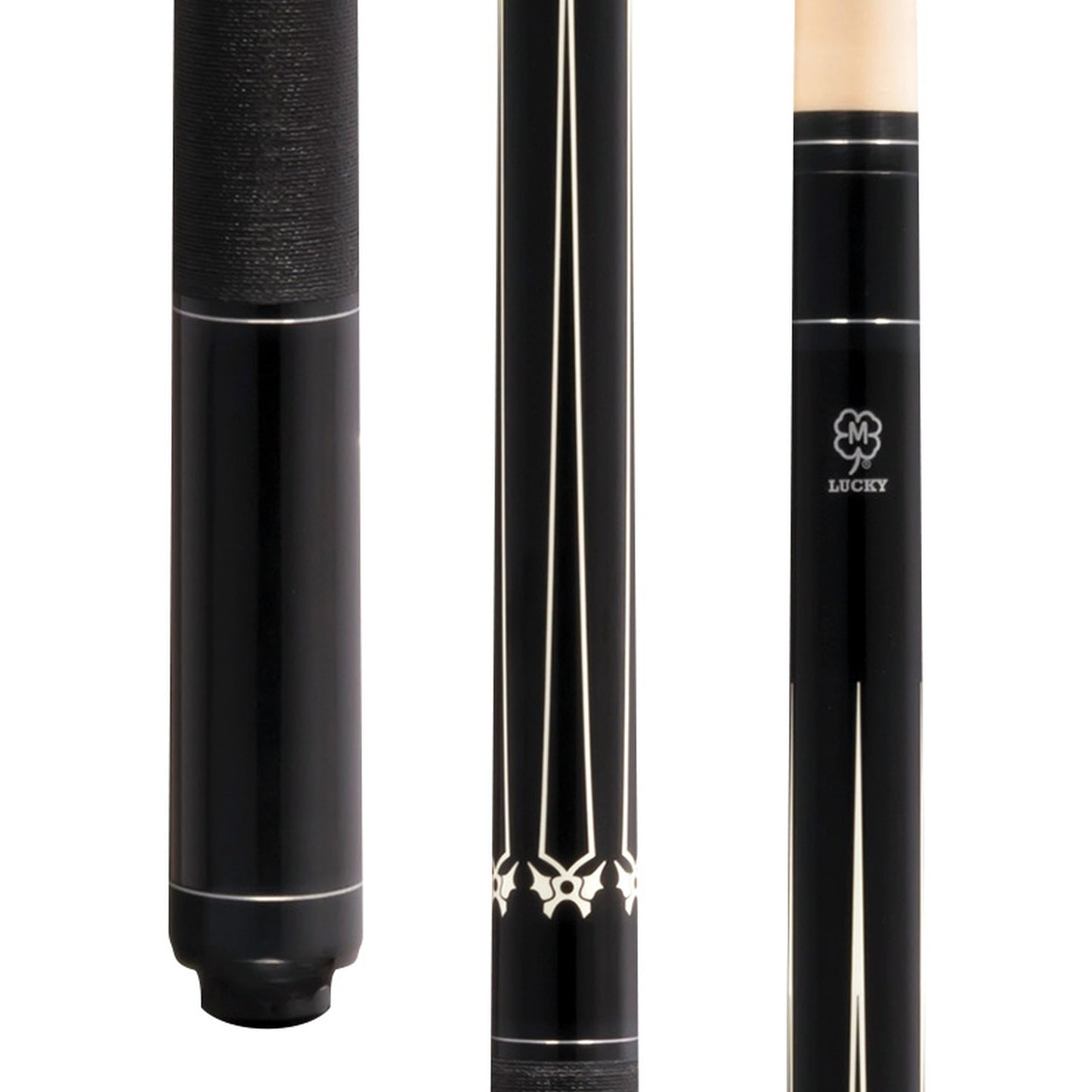 McDermott Lucky L16 Pool Cue close-up. Metallic black paint, overlay points, Irish linen wrap, silver rings.