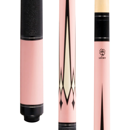 Lucky Pool Cue. Close-up of metallic pink butt with overlay points, silver rings, and Irish linen wrap.