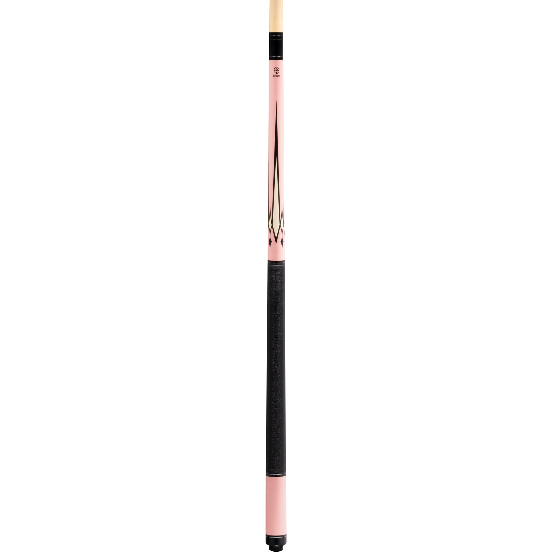 McDermott Lucky Pool Cue. Full cue view showcasing metallic pink finish, overlay points, and Irish linen wrap.